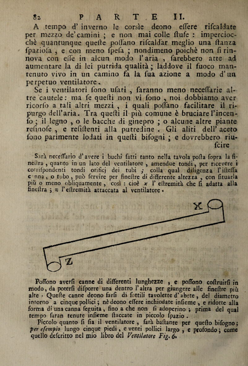 A tempo d’ inverno le corsìe deono elfere rifcaldate per mezzo de’camini ; e non mai colle flufe : impercioc¬ ché quantunque quelle pollano rifcaldar meglio una danza fpaziola , e con meno fpefa ; nondimeno poiché non fi rin¬ nova con elle in alcun modo l’aria , farebbero atte ad aumentare la di lei putrida qualità ; laddove il fuoco man¬ tenuto vivo in un camino fa la fua azione a modo d’un perpetuo ventilatore* Se i ventilatori fono ufati , faranno meno necefiarie al¬ tre cautele: ma fe quelli non vi fono , noi dobbiamo aver ricorfo a tali altri mezzi , i quali pollano facilitare il ri* purgo dell’aria. Tra quelli il più comune è bruciarel’incen- fo ; il legno , o le bacche di ginepro ; o alcune altre piante refinofe , e refidenti alla putredine . Gli aliti deli’ aceto fono parimente lodati in quedi bifogni ; e dovrebbero riu- fcire Sirà necefiario d'avere i buchi fatti tanto nella tavola polla fopra. la fi¬ nestra , quanto in un lato del ventilatore , amendue tondi, per ricevere t comfpondenti tondi orifìcj dei tubi ; colla qual diligenza l’illefia c nna , o tubo , può fervire per fineftre dì differente altezza , con fituarla più o meno obliquamente , così : cioè x 1* eftremità che fi adatta alla fineffra j z l’eftremità attaccata al ventilatore» Pofiono averli canne di differenti lunghezze , e poffòno coffruirli in modo, da poterli difporre una dentro l’altra per giungere alle fìneffre più alte * Quelle canne deono farli di lottili tavolette d* abete, del diametro inforno a cinque pollici ; nè deono edere inchiodate infieme , e ridotte alla forma di una canna feguita , fino a che non fi adoperino ; prima del qual tempo faran tenute infieme fiaccate in piccolo fpazio • Piccolo quanto fi fia il ventilatore , farà ballante per quello bifogno; per efempio lungo cinque piedi , e venti pollici largo , e profondo ; come quello defcritto nel mio libro del Ventilatore Fig.