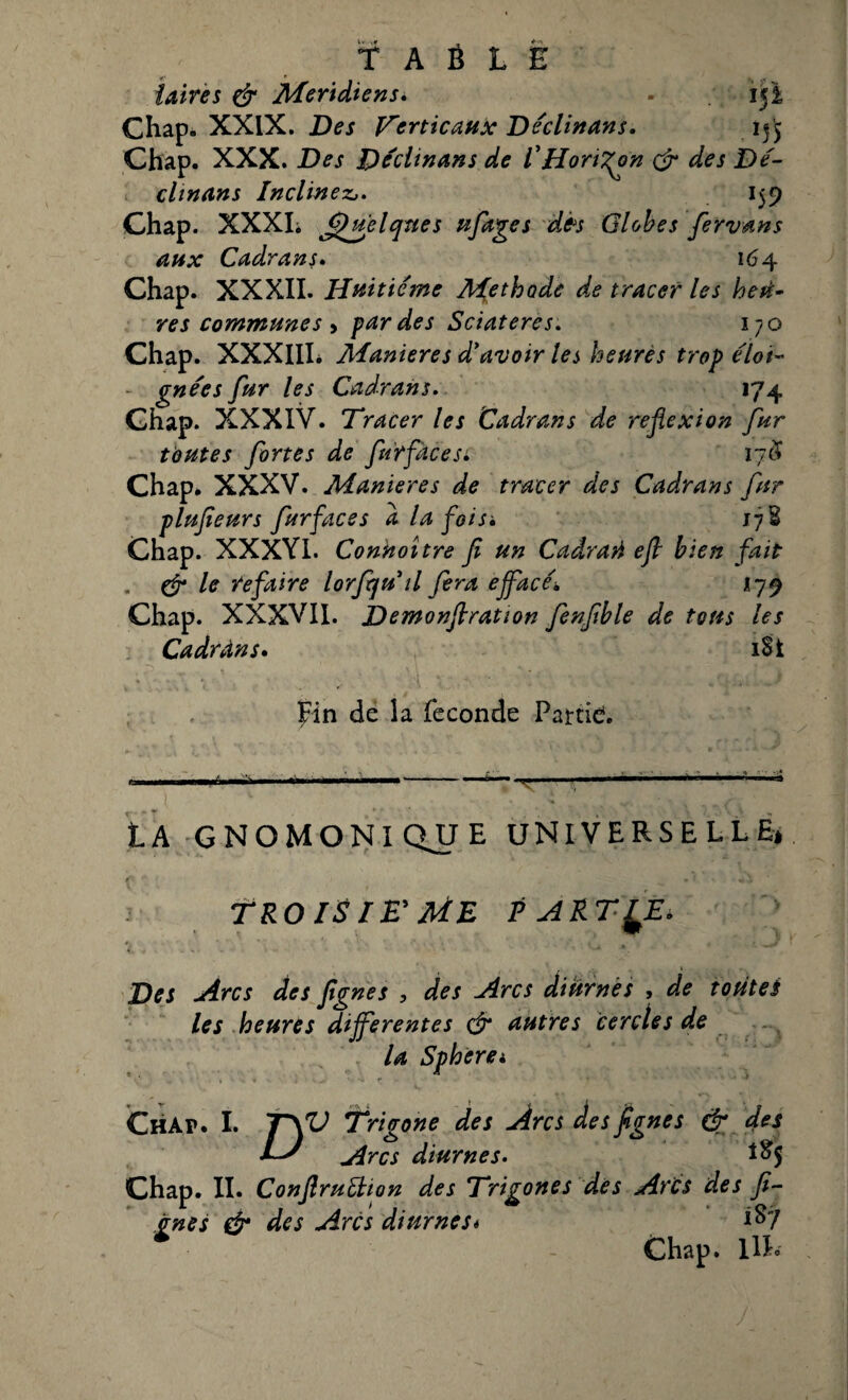 T A 6 L £ ïaires & Méridiens. - ifi Chap. XXIX. Des Verticaux Déclinons. 155 Chap. XXX. jDes Déclinans de ! Horizon & des De- L clinans Inclinez,. 159 Chap. XXXh Quelques ufages dès Globes fervans aux Cadrans. 164 Chap. XXXII. Huitième Méthode de tracer les heu¬ res communes > par des Sciateres. 170 Chap. XXXIII* Maniérés d'avoir les heures trop éloi¬ gnées fur les Cadrans. 174 Chap. XXXIV. Tracer les Cadrans de réflexion fur toutes fortes de fu'rfacesi 17# Chap. XXXV. Maniérés de tracer des Cadrans fur plufleurs ftrfaces a la fois-. ij B Chap. XXXYI. Conhoître fi un Caârari efi bien fait . & le refaire lorfqu il fera effacé* 179 Chap. XXXVII. Jdemonflration fenfible de tons les Cadrans. iSt Fin de la fécondé Partie. La gnomoniqjje universelle* Troisie*Me p art^ë* Des Arcs des figne s , des Arcs diurnes , de tout et les heures differentes & autres cercles de U Sphera Chap. I. T\^d Trigone des Arcs des figues çfr des LA Hrcs diurnes. Chap. II. Conflruélion des Trigone s des HrCs des fi- ânes & des Arcs diurnes* *87 Chap. HL