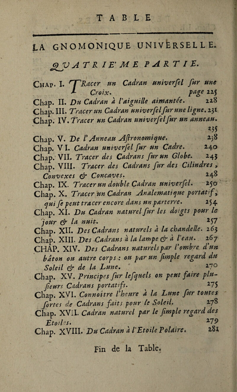 LA GNOMONIQÜE UNIVERSELLE. QUATRIEME PARTIE. Chap. I. HTRttcer un Cadran univerfel fur une L Croix» page 225 Chap. II. Du Cadran a Vaiguille aimantée. 228 Chap. III. Tracer un Cadran univerfel fur une ligne. 231 Chap. IV. Tracer un Cadran univerfel fur un anneau. *55 Chap. V. De F Anneau Aftronomique. 238 Chap. V I. Cadran univerfel fur un Cadre. 240 Chap. VII. Tracer des Cadrans fur un Globe. 245 Chap. VIII. Tracer des Cadrans fur des Cilindres y Convexes & Concaves. 248 Chap. IX. Tracer un double Cadran univerfel. 250 Chap. X. Tracer un Cadran Analematique portatif, qui fe peut tracer encore dans un parterre. 254. Chap. XI. Du Cadran naturel fur les doigts pour le jour £7 la nuit. r *57 Chap. XII. Des Cadrans naturels a la chandelle. 263 Chap. XIII. Des Cadrans à la lampe & à l’eau. 267 CHAP. XIV. Des Cadrans naturels par l'ombre T un bâton ou autre corps : ou par un fimple regard du Soleil & de la Lune. 270 Chap. XV. Principes fur lefquels on peut faire plu- feurs Cadrans portatifs. 275 Chap. XVI. Connoître l'heure â la Lune fur toutes fortes de Cadrans faits pour le Soleil, 278 Chap. XVII. Cadran naturel par le fimple regard des Etoiles. 279 Chap. XVIII. Du Cadran à l’Etoile Polaire• 28* Fin de la Table.