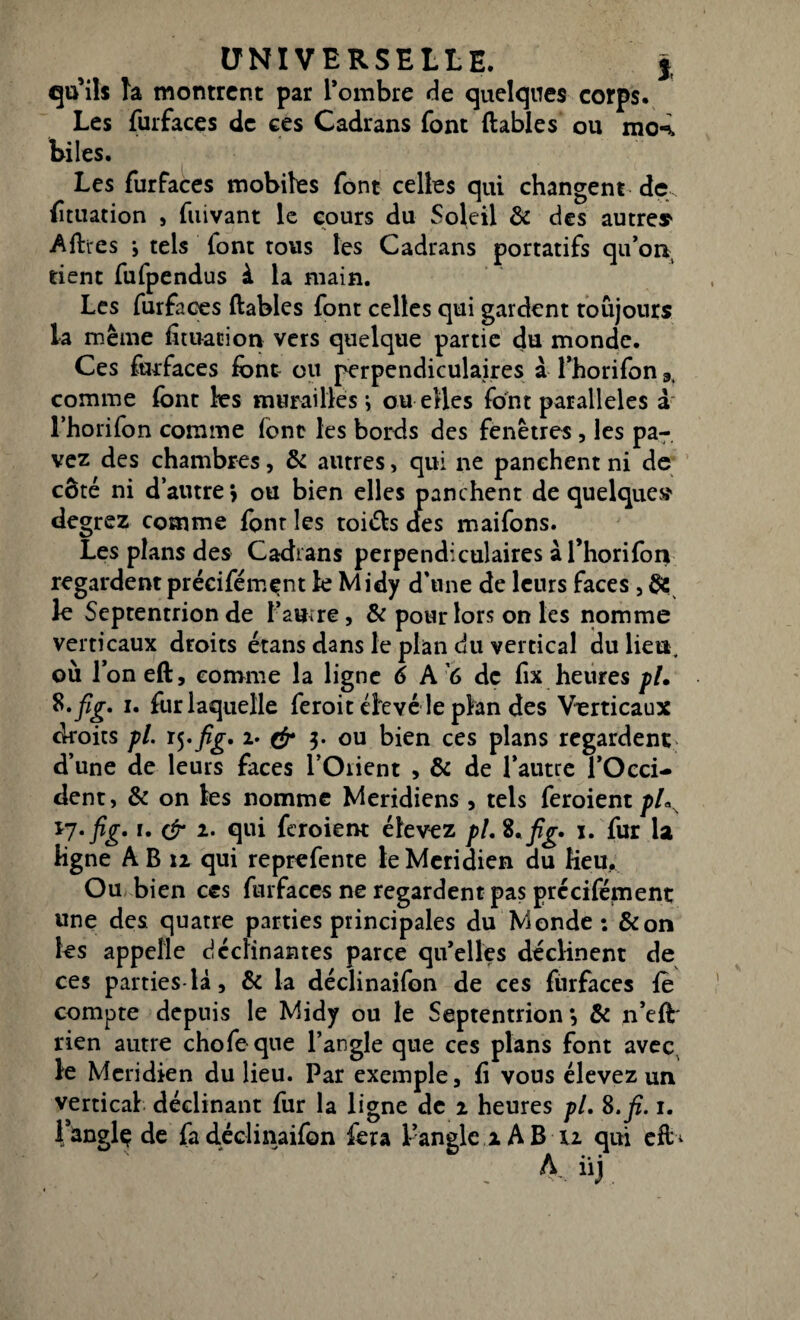 qu’ils la montrent par l’ombre de quelques corps. Les furfaces de ces Cadrans font fiables ou rao^ biles. Les furfaces mobiles font celles qui changent de fîtuation , fuivant le cours du Soleil & des autres jAftres *, tels (ont tous les Cadrans portatifs qu’on tient fufpendus à la main. Les furfaces fiables font celles qui gardent toujours la même fîtuation vers quelque partie du monde. Ces furfaces font ou perpendiculaires à l’horifon 9t comme font les murailles \ ou elles font parallèles à l’horifon comme font les bords des fenêtres, les pa¬ vez des chambres, & autres, qui ne panchent ni de côté ni d’autre*, ou bien elles panchent de quelque» degrez comme font les toiéls des maifons. Les plans des Cadrans perpendiculaires à l’horifon regardent précifément le Midy d'une de leurs faces , le Septentrion de l’autre, & pour lors on les nomme verticaux droits étans dans le plan du vertical du lien, où l’on eft, comme la ligne 6 A 6 de fix heures fl. i. fur laquelle feroit élevé le plan des Verticaux droits fl. 2» & 3- ou bien ces plans regardent d’une de leurs faces l’Orient , & de l’autre l’Occi¬ dent, & on les nomme Méridiens , tels feroient fh 17. fig. 1. ctr 2. qui feroient élevez fl. $.fig» 1. fur la ligne A B 12 qui reprefente le Méridien du lieu. Ou bien ces furfaces ne regardent pas précifément une des quatre parties principales du Monde: &on les appelle déclinantes parce qu’elles déclinent de ces parties-là, & la déclinaifon de ces furfaces fe compte depuis le Midy ou le Septentrion*, & n’efb rien autre chofe que l’angle que ces plans font avec^ le Méridien du lieu. Par exemple, fi vous élevez un vertical déclinant fur la ligne de 2 heures fl. S.fi. 1. langlç de fa déclinaifon fera l’angle 1 AB 12 qui cfls