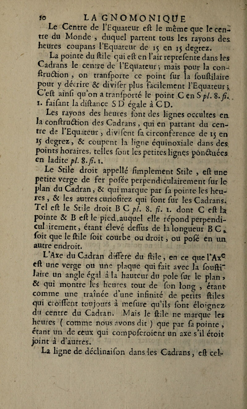 Le Centre de l’Equateur eft le même que le cen¬ tre du Monde , duquel partent tous les rayons des heures coupans 1 Equateur de 15 en 15 degrez. La pointe du ftile qui eft en l’air reprefente dans les Cadrans le centre de l’Equateur *, mais pour la con- ftruéfron , on tranfporte ce point fur la fouftilaire pour y décrire Sc divifer plus facilement l’Equateur C eft ainfi qu on a tranfporte le point C en S pl. 8.fi., ï. faifant la diftance S D égale à CD. Les rayons des heures font des lignes occultes en. la conftruétion des Cadrans, qui en partant du cen¬ tre de 1 Equateur , divifent fa circonférence de 15 en 15 degrez, & coupent la ligne équinoxiale dans des. points horaires, telles font les petites lignes pônéhiées en ladite pl. S.fi. 1. Le Stile droit appelle fimpîement StiLe , eft une petite verge de fer pofée perpendiculairement fur le plan du Cadran, Sc qui marque par fa pointe les heu¬ res , Sc les autres curiofîtez qui font fur les Cadrans. Tel eft le Stile droit B C pl. 8. fi. 1. dont C eft lis pointe Sc B eft le pied,auquel elle répond perpendi¬ culairement, étant élevé deffus de h longueur BC* foit que le ftile foit courbe ou droit, ou pofé en un autre endroit. L’Axe du Cadran diffère du ftile, en ce que TAx6 eft une verge ou une plaque qui fait avec la foufti laire un angle égal à ta hauteur du pôle fur le plan > & qui montre les heures tout de fon long , étant* comme une traînée d’une infinité de petits ftiles qui ctoifient toujours à mefure qu’ils font éloignez' du centre du Cadran. Mais le ftile ne marque les heures ( comme nous avons dit ) que par fa pointe , étant un de ceux qui compoferoient un axe s’il étoit joint à d’autres. La ligne de déclinaifon dans les Cadrans, eft cet-