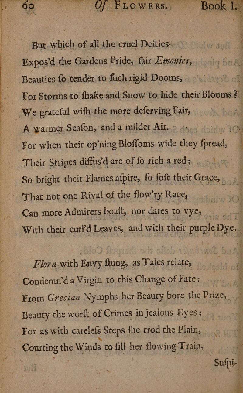 % But. which of all the cruel Deities: Expos’d the Gatdens Pride, fair Emsnies, Beauties fo tender to fuch rigid Dooms, For Storms to fhake and Snow to hide their Blooms ¢ ? | We grateful with the more deferving Fair, | | A warmer, Seafon, and a milder Air. ~ ‘For when their op’ning Bloffoms wide they {pread, ‘ees ee Their Stripes diffus’d are of fo rich:a reds, ,. 4 doce So bright their Flames afpire, fo foft. their Grace, That not one Rival of the flow’ry Race, he oe j Can more Admirers boaft: .mor dares to vyes os With their curl'd Leaves, and with their purple Dye. | | __ Flora with Envy flung, as Tales relate, , | Condemn’d a Virgin to this Change of Fate: pot ee From Grecian Nymphs her Beauty bore the Prize, | Beauty the wort of Crimes in jealous Eyes 7 For as with carelefs Steps fhe. trod the Plain, ‘Courting the Winds to fill her flowing Train, E Buh 2 | i ‘Sulpi- é