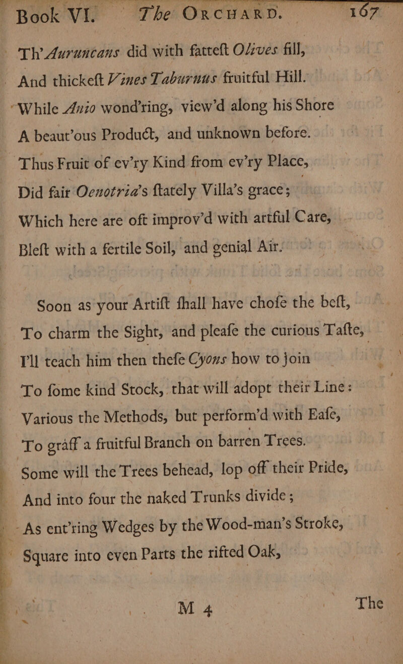 | Th’ Auruncans did with fatteft OAves fill, And thicket Vines Taburnus fruitful Hill. ‘While Avio wond’ring, view’d along his Shore A beaut’ous Product, and unknown before. | ‘Thus Fruit of ev ry Kind from ev'ry Place, Did fair Ocnotria’s ftately Villa’s grace; | Which here are oft improv’d with artful Care, . Bleft with a fertile Soil, and genial Air. Soon as your Artift fhall have chofe the beft, To charm the Sight, and pleafe the curious Tafte, Pu teach him tdien thefe Cyons how to join | To fome kind Stock, that will adopt their Line: - Various the Methods, but perform’d with Eafe, To graff a fruitful Branch on barren Trees. Some will the T'rees behead, lop off their Pride, | _ And into four the naked Trunks divide ; As ent’ring Wedges by the Wood-man’s Stroke,  Square into even Parts the rifted Oak, ne aa. i ee