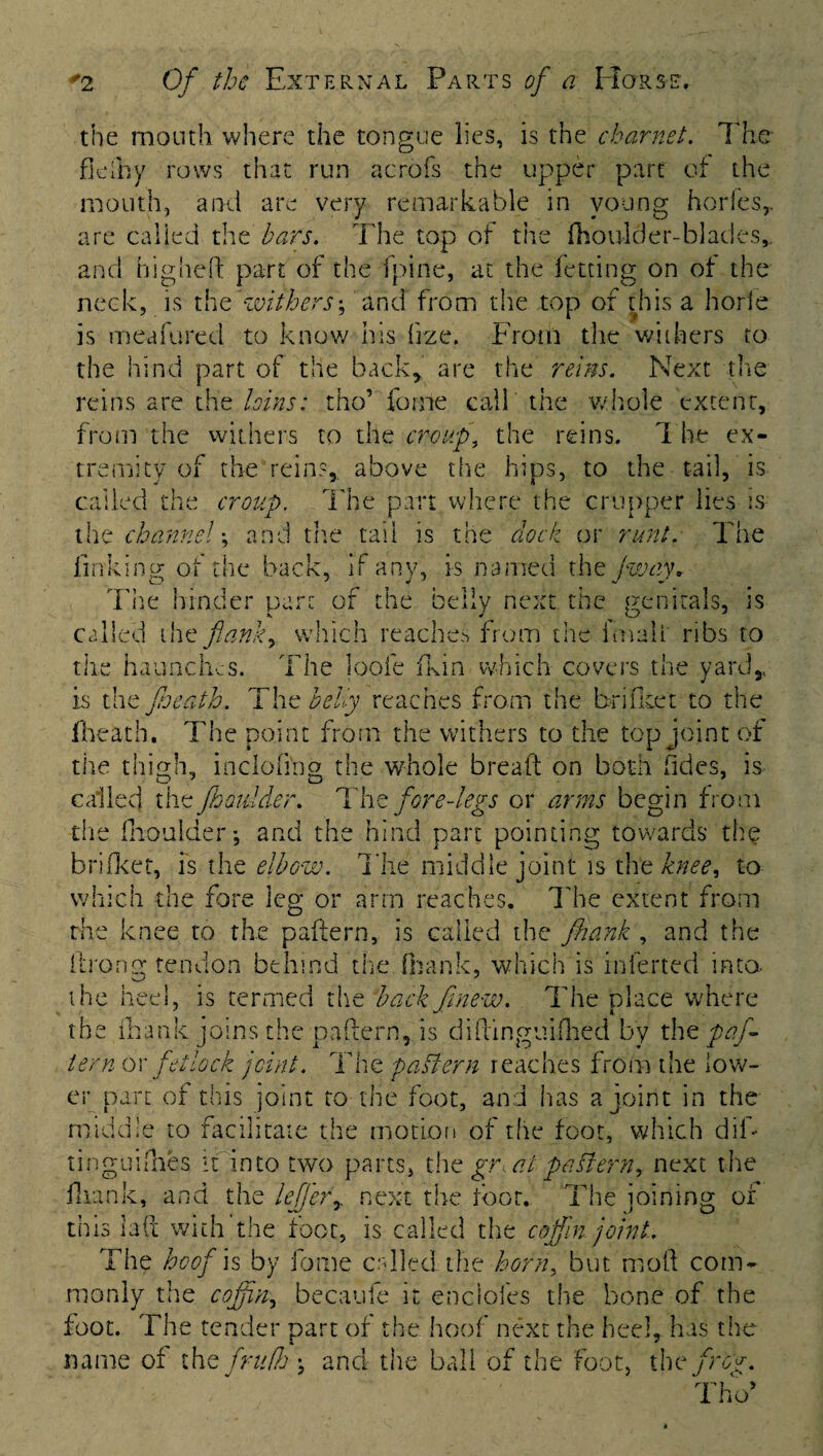 the mouth where the tongue lies, is the charnet. Th.tr fkiby rows that run acrofs the upper pare of the mouth, and are very remarkable in young hories,. are called the bars. The top of the (boulder-blades,, and higheft part of the fpine, at the letting on of the neck, is the ' wither s\ and from the top of this a horie is meafured to know his frze. From the withers to the hind part of the back* are the reins. Next the reins are the loins: tho’ fonle call the whole extent, from the withers to the croup, the reins. The ex¬ tremity of the rein?,, above the hips, to the tail, is called the croup. The part where the crupper lies is tire channel', and the tail is the dock or runt. The linking of the back, if any, is named the Jway. The hinder pare of the belly next the genitals, is called the flank y which reaches from the fmali ribs to the haunches. The loofe (kin which covers the yard* is the [oeath. The belly reaches from the brifleet to the (heath. The point from the withers to the top joint of the thigh, incloli'ng the whole bread on both Tides, is called the [boulder. The fore-legs or arms begin from the (boulder; and the hind part pointing towards the brifket, is the elbow. The middle joint is the knee, to which the fore leg or arm reaches. The extent from the knee to the pattern, is called the fiiank , and the (Irong tendon behind the fiiank, which is inferted into, the heel, is termed the back [new. The place where the fiiank joins the pattern, is diftinguifhed by the pa[ tern ox fetlock joint. The pattern reaches from the low¬ er part of this joint to the foot, and has a joint in the middle to facilitate the motion of the foot, which dil- tinguifhes it into two parts, the gr,at patterny next the Iliank, and the leffery next the foot. The joining of this la ft with’the foot, is called the coffin joint. The hoof is by fume called the horn, but moll com¬ monly the coffin, becaufe it enclofes the bone of the foot. The tender part of the hoof next the heel, has the name of thtfru/h \ and the ball of the Foot, the frog. Tho*