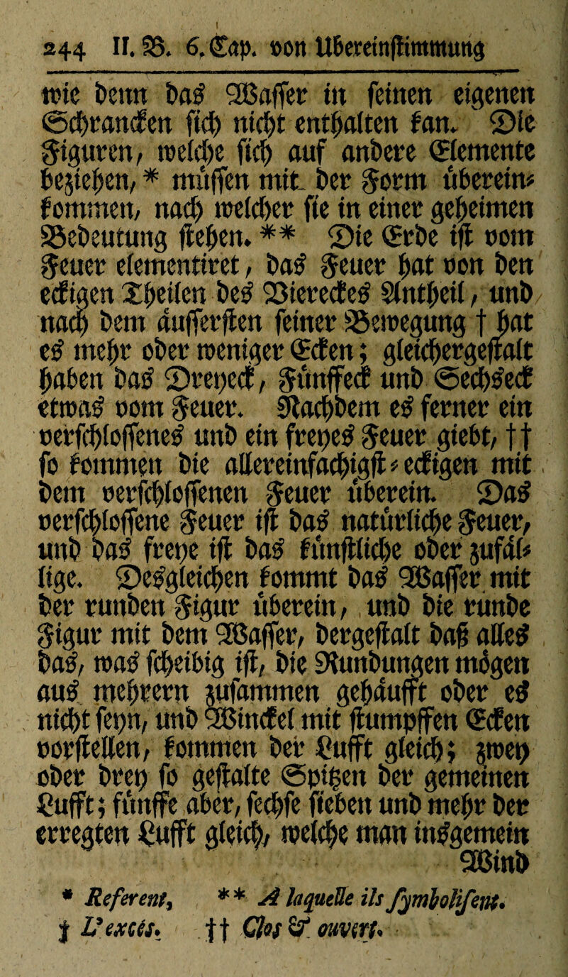 -•■■ ■■ ..... .. 'P ..■ ' ■  'M.y trie benn ba$ SBaffer in feinen eigenen ©cbrancfen fid) nicht enthalten tan. 2>ie Figuren/ welche fleh auf andere (Elemente begehen, * muffen mit ber Jorm fiberein* îommen, nach welcher fie in einer geheimen SSebeutung ftehen. ** 2)te (Erbe ift rom Jeuer elementiret, ba£ Jeuer hat ron ben ecfigen Xheilen be£ QSiereÆeé Slntheil, uni) nach Dem aufferffen feiner üöewegung f bat tß mehr ober weniger (Ecfen ; gleichergeftalt haben ba£ 2)repe<f, Jûnffeé uitb @ech£ecf etwaé rom Jeuer. 0lacf>bem tß ferner ein uerfehloffene^ unb ein freies Jener giebt,11 fo tomnten bie aUereinfacbig# * eefigen mit bem rerfthioffenen Jeuer fiberein. 2)a£ rerfchioffene jeuer ifl ba£ natürliche Jeuer, unb ba£ freue ift bas fimftliche ober jufdl* iige. ^Dergleichen fommt baß 38ajfer mit ber runben Jigur fiberein, unb bie runbe Jigur mit bem <2ßaffer, bergeftalt ba§ aller bar, war febeibig ift, bie SKunbuttgen mögen aur mehrern sufammen gehäuft ober er nicht fepn, unb S3Bincfef mit ftumpffen (EÆen norftellen, fotnmen ber Cufft gleich » streu ober brep fo geftalte @pi|en ber gemeinen ßufft; fftnffe aber, feebfe flehen unb mehr ber erregten £ufft gleich/ welche man insgemein Sßßinb * Referent, ** A laquelle ils fymloHfent. J L'excès. ff Qes & ouvert.