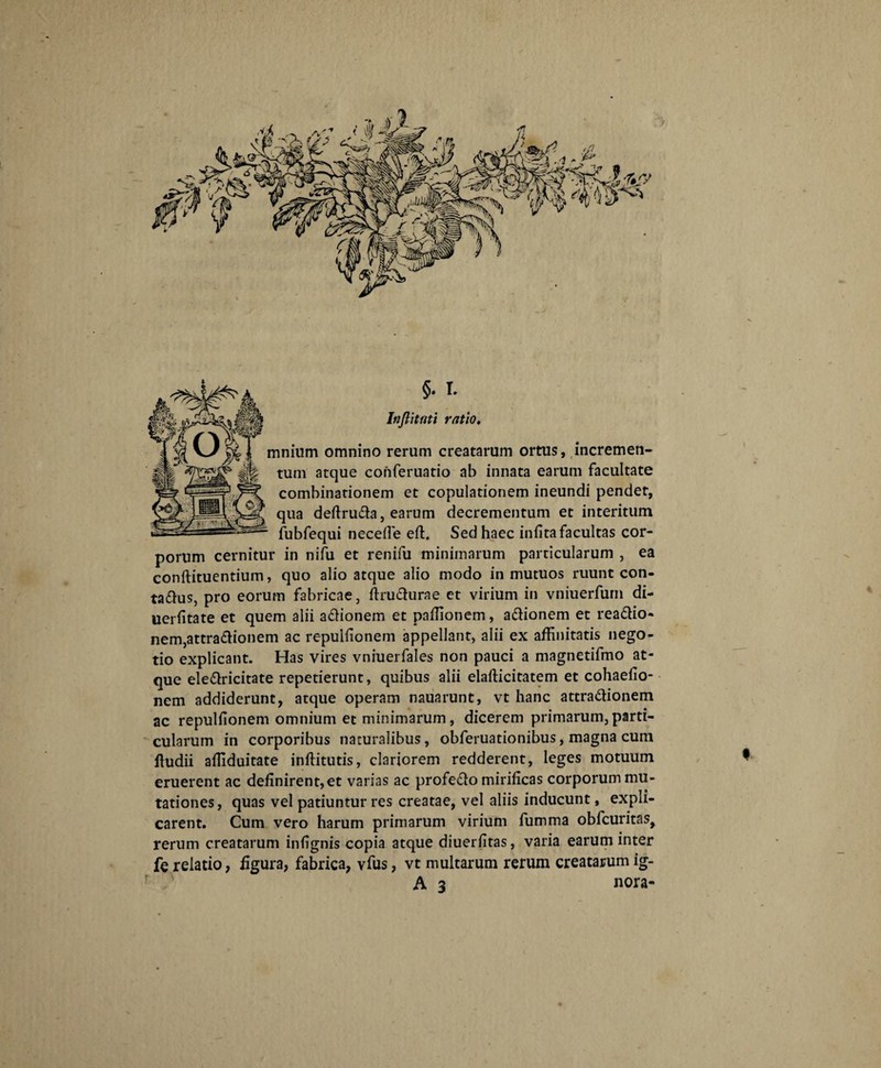 y $. i. Injlitnti ratio. mnium omnino rerum creatarum ortus, incremen¬ tum atque cohferuatio ab innata earum facultate combinationem et copulationem ineundi pendet, qua deftruda, earum decrementum et interitum fubfequi necefie eft. Sed haec infita facultas cor¬ porum cernitur in nifu et renifu minimarum particularum , ea conftituentium, quo alio atque alio modo in mutuos ruunt con- ta&us, pro eorum fabricae, ftrudurae et virium in vniuerfum di- uerfitate et quem alii adionem et paffionem, adionem et readio- nem,attradionem ac repullionem appellant, alii ex affinitatis nego¬ tio explicant. Has vires vniuerfales non pauci a magnetifmo at¬ que eledricitate repetierunt, quibus alii elafficitatem et cohaefio- nem addiderunt, atque operam nauarunt, vt hanc attradionem ac repullionem omnium et minimarum, dicerem primarum,parti¬ cularum in corporibus naturalibus, obferuationibus, magna cum Ifudii afliduitate inftitutis, clariorem redderent, leges motuum eruerent ac definirent, et varias ac profedo mirificas corporum mu¬ tationes, quas vel patiuntur res creatae, vel aliis inducunt, expli¬ carent. Cum vero harum primarum virium fumma obfcuritas, rerum creatarum infignis copia atque diuerfitas, varia earum inter fe relatio, figura, fabrica, vfus, vt multarum rerum creatarum ig- A 3 nora-