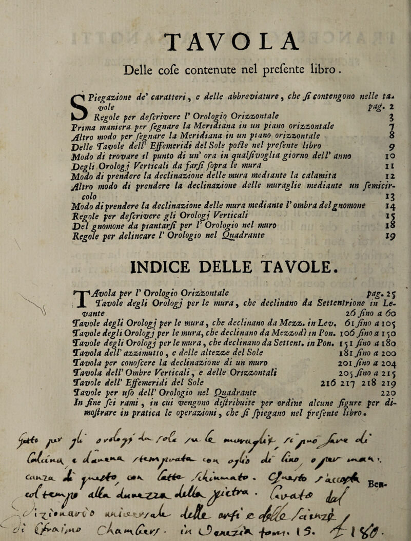 S Delle cofe contenute nel prefente libro. Viegazione de' caratteri, e delle abbreviature, che fi contengono nelle ta vole Pag' __ Regole per defcrìvere V Orologio Orizzontale Trrna maniera per fegnare la Meridiana in un piano orizzontale Altro modo per legnare la Meridiana in un piano orizzontale Delle Tavole dell’ Effemeridi del Sole polle nel prefente libro Modo di trovare tl punto di un' ora in qualfivoglia giorno delly anno Degli Orolog i Verticali da farfi fopra le mura Modo di prèndere la declinazione delle mura mediante la calamita filtro modo di prendere la declinazione delle muraglie mediante un femicir- colo Modo di prendere la declinazione delle mura mediante V ombra delgnomone Regole per defcrivere gli Orologj Vir tic ali Del gnomone da piantarfi per V Orologio nel muro Regole per delineare V Orologio nel Quadrante 2 l 7 8 9 10 11 12 n 14 ll 18 19 INDICE DELLE TAVOLE. • * / / . • v . - ^ / T Avola per V Orologio Orizzontale pag. 2 5 Tavole degli Orologj per le mura, che declinano da Settentrione in Le¬ vante 26 fino a 60 Tavole degli Orologj per le mura 5 che declinano daMezz. in Lev* 61 fino a 105 Tavole degli Orologj per le mura, che declinano da Mezzodì in Pon, 106 fino a 150 Tavole degli Orologj per le mura, che declinano da Settent• in Pon• 151 fino a 180 Tavola deW azzimutto, e delle altezze del Sole 181 fino a 200 Tavola per conofcere la declinazione dì un muro 201 fino a 204 Tavola dell'Ombre Verticali, e delle Orizzontali 205 fino a 215 Tavole dell Effemeridi del Sole 216 217 218 219 Tavole per ufo delV Orologio nel Quadrante 220 In fine fei rami , in cui vengono difiribuite per ordine alcune figure per di- mojlrare in pratica le operazioni, che fi fpiegano nel prefente libro • a. ? \ LaH4\ c d Cckl^lA. JL C0K • C£*+JL/4o S OAifiptK U ' t aWi £ 1*2#- /