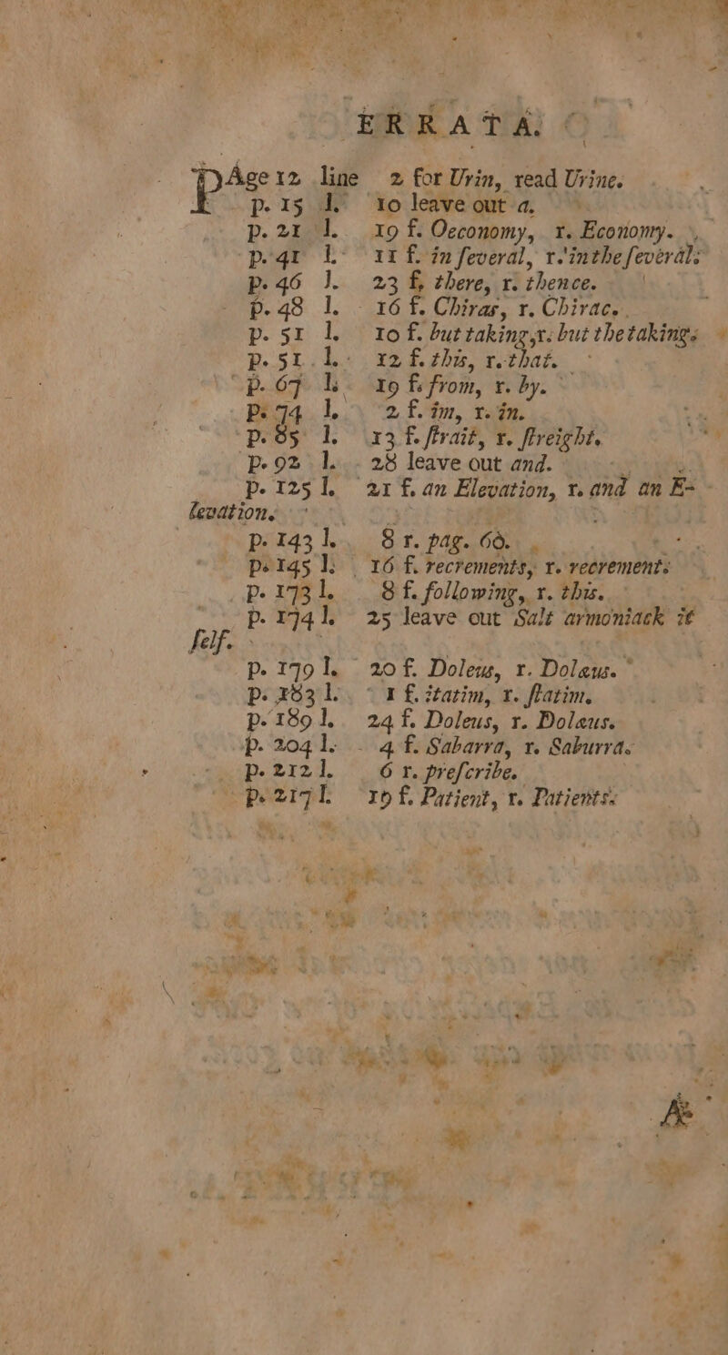 ake! Naa Rh eal ge ie i i Ne eR 3 bad :. i ; ERRATA, : Pp’ 1% line 2 for Urin, read Urine. Pe ISM “Lo: leave outa; | | p.2r 1. 19 f: Occonomy, r. Economy. p.qr L- xt f. in feveral, r.'inthe fevéeral: p-46 J. 23 f, there, r. thence. p-48 1. 16 f. Chivas, r. Chirac... p-5r 1. tof. but taking,x: but the takings RS hs be: Sesh aerate “p. 67 |. 19 fs from, rv. dy.’ pga: L\ “2 ft, Tate: p.85 1. 13 f. firait, x. freight. p-92 1. - 28 leave out and. ri ai p-125 1. 21 fan Elevation, r.and an E= - PD Sane a A | PiE43 ben ST. PAGO. hs pe145 1; 16 f. recrements, r. reevement. p-1731. 8f. following, r. this. feif p-4941. 25 leave out Salé armoniack i¢ rai pee p- 1991. 20f. Dolew, r. Dolaw. ° p- F631). ° 1 £. ttatim, x. flatim. p-1891.. 24 f. Doleus, r. Dolaus. p. 2041. - 4 f. Sabarra, x. Saburra. p-21z]. 6 4. prefcribe. . pe2ziq7l (ro f. Patient, r. Patients: ‘ . As ‘ \ oie a* ‘ f be ™~&gt; &gt; ia voy a ‘