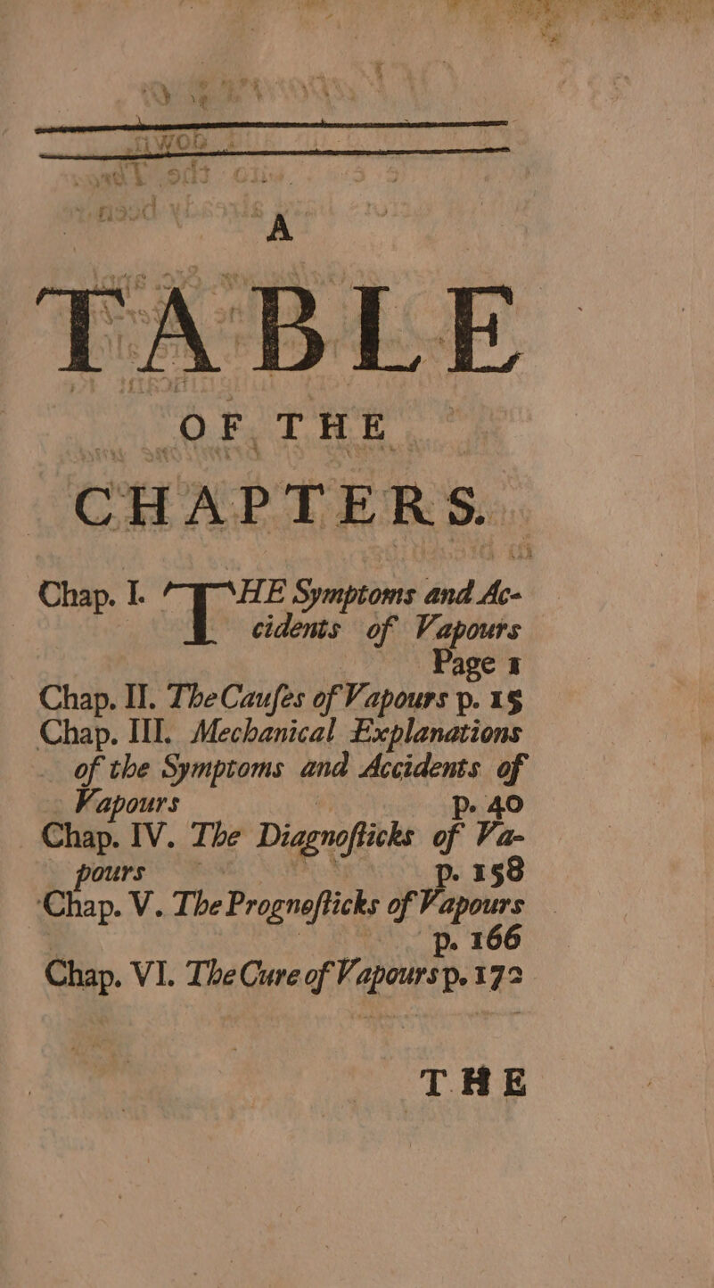 ne THE.” CHAPTERS. cidents of Vapours | Page a Chap. II. TheCaufes of Vapours p. 1§ Chap. III. Mechanical Explanations of the Symptoms and or $8 Vapours Chap. IV. The Diagnopticks t Te. 158 ours p. 166 Chap. VI. The Cure of Vapoursp. 172 THE