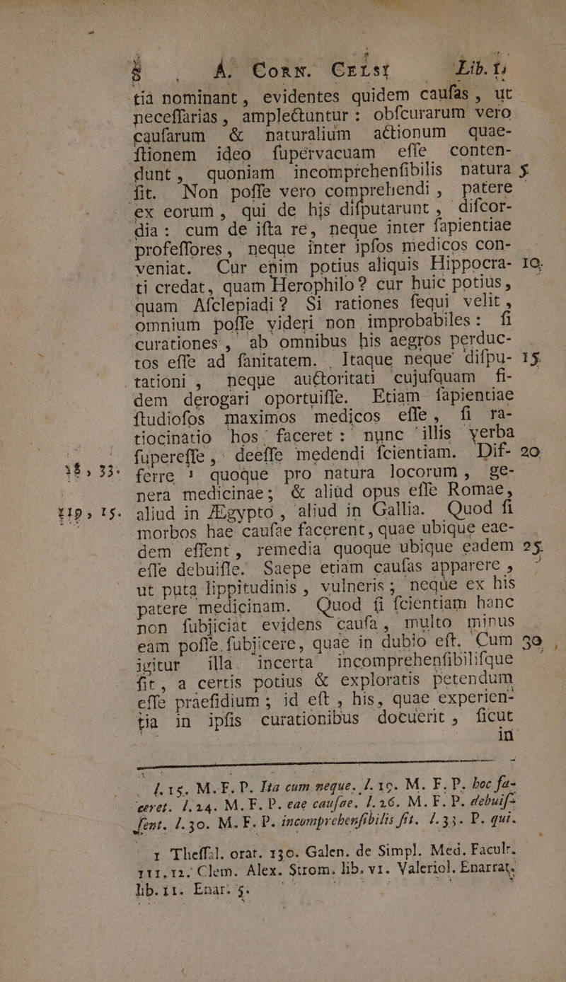 Á. Conw. CrLst Lib. t; tia nominant, evidentes quidem caufas, ut. neceffarias, amplectuntur : obfcurarum vero caufarum &amp; naturalium actionum — quae- fionem ideo füupérvacuam effe conten- dunt, quoniam incomprehenfibilis natura $ fit. Non poffe vero comprehendi , patere | ex eorum, qui de his difputarunt , difcor- dia: cum de ifta re, neque inter fapientiae profeffores, neque inter 3pfos medicos con- veniat. Cur enim potius aliquis Hippocra- 1o. ti credat, quam Herophilo? cur huic potius, : quam Afclepiadi ? Si rationes fequi velit, omnium poffe videri non improbabiles : fi curationes ,' ab omnibus his aegros perduc- tos effe ad fanitatem. , Itaque neque difpu- 15 tationi , neque auctoritati cujufquam fi- - dem derogari oportuiffe. Etiam fapientiae íftudiofos maximos medicos effe, fi ra- tiocinatio hos: faceret : nunc illis yerba fupereffe , deeffe medendi Ícientiam. .Dif- 2o fere ! quoque pro natura locorum , 8€- nera medicinae; &amp; aliüd opus effe Romae, aliud in ZEgypto , aliud in Gallia. Quod fi morbos hae caufae facerent, quae ubique eae- dem effent, remedia quoque ubique eadem 25 efle debuifle. Saepe etiam caufas apparere , ut puta lippitudinis , vulneris ; neque ex his patere medicinam. Quod fi fcientiam hanc non fubjiciat evidens caufa, multo minus eam pofle.fubjicere, quae in dubio eft. Cum 39 , imitur illa. incerta incomprehenfibilifque — fit, a certis potius &amp; exploratis petendum effe praefidium ; id eft , his, quae experien- tia in ipfis curationibus docuerit, ficut Aen : im us ccgustmmumn c uicti ti ami —— M ÀÁBE e zt /.15. M.F. P. Ita cum neque, J. 1o. M. F. P. boc fa- weret. 1.14. M.F. P. eae cau[ae. [.a6. M.F. P. debuif- Jent. 1.30. M. F. P. incomprebenfibilis fit. J. 33. P. qui. 1 Theffil. orat. 136. Galen. de Simpl. Med. Faculr. - 111,12. Clem. Alex. Strom, lib. v1. Valeriol. Enarrat. hb.ii. Enar. 5. / shut: , ^