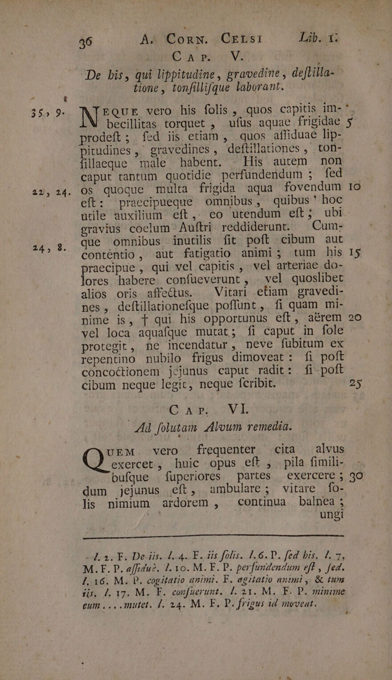 35» 9- 225. 1. 24,3. 46 As Comsw. Czrs: Lib. 1. € ixipA c0 VS : De bis, qui lippitudine , gravedine , deftilla- tione , tonfillifque laborant. EQUuE vero his folis , quos capitis im- | becillitas torquet , ufüs aquae frigidae fillaeque male habent. . His autem non caput tantam quotidie perfündendum ; fed os quoque multa frigida aqua fovendum eft: praecipueque omnibus, quibus ' hoc IO gravius coelum Auftri reddiderunt. — Cum- que omnibus inutilis fit poft cibum aut contentio , aut fatigatio animi ; tum his praecipue , qui vel capitis , vel arteriae do- lores habere. confüeverunt , . vel quoslibet alios oris affe&amp;tus. | Vitari etiam gravedi- nes, deftillationefque poffunt, fi quam mi- nime is, T qui his opportunus eft, a&amp;rem vel loca aquafque mutat; fi caput in fole protegit, ne incendatur, neve fubitum ex repentino nubilo frigus dimoveat: fi poft 15 20 cibum neque legit, neque fcribit. | (Q. Amis nV T Ad folutam Aloum remedia. UEM. vero frequenter cita alvus exercet , huic opus eft , pila fimili- büfque .fuperiores partes exercere ; dum jejunus eft, ambulare; vitare fo- lis nimium ardorem , — continua balnea ; m d. ungi diatur duds neve quc di quidiéEsipsitipsitid ipsums ieinmienpt queste ttm mist AH doa dDisiitenedcoE 4 alis. d s D. fed bise frs M.F. P. effidu2. 1. Yo. M. F. P. perfundendum eff , fed. 1. 16. M. D. cogitatio animi. F. agitatio animi ,. &amp; tum i. 417. M. F. confuerunt. 4. 21. M. F. D. minime eum . . . Untet. [. 24. M. F. P. frigus id moveat. 2) 30