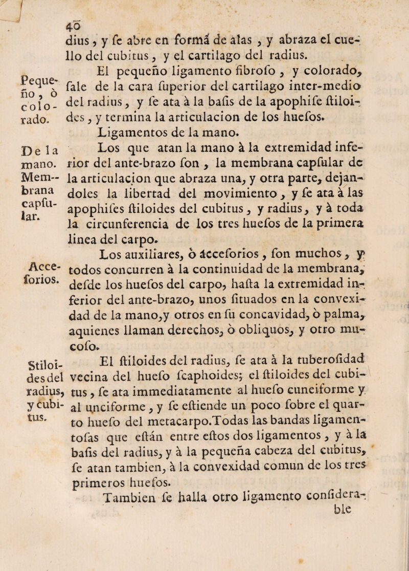 Peque-» ño , 6 c o 1 o - rado. Déla mano. Mem¬ brana capfu- lar. Acce- forios. Stiloi- desdel radius, tus. 40 dius, y fe abre en forma de alas , y abraza eí cue¬ llo del cubitus, y el cartílago del radius. El pequeño ligamento fibrofo , y colorado, fale de la cara íuperior del cartílago inter-medio del radius , y fe ata á la baíis de la apophife ftiloi- des, y termina la articulación de los huefos* Ligamentos de la mano* Los que atan la mano á la extremidad infe¬ rior del ante-brazo fon , la membrana capfular de la articulación que abraza una, y otra parte, deján¬ doles la libertad del movimiento , y fe ata a las apophifes ftiloides del cubitus, y radius, y á toda la circunferencia de los tres huefos de la primera linea del carpo* Los auxiliares, bácceforios, fon muchos, y todos concurren á la continuidad de la membrana, defde los huefos del carpo, hafta la extremidad in¬ ferior del ante-brazo, unos íituados en la convexi¬ dad de la mano,y otros en fu concavidad, ó palma, aquienes llaman derechos, 6 obliquos, y otro mu- cofo» El ftiloides del radius, fe ata á la tuberoíidad vecina del huefo fcaphoides; el ftiloides del cubi¬ tus , fe ata immediatamente al huefo cuneiforme y. ai unciforme , y fe eftiende un poco fobre el quar- to huefo del metacarpo.Todas las bandas ligamen- tofas que eftán entre eftos dos ligamentos , y ala baíis del radius, y á la pequeña cabeza del cubitus, fe atan también, a la convexidad común de ios tres primeros huefos. También fe halla otro ligamento confidera- ble