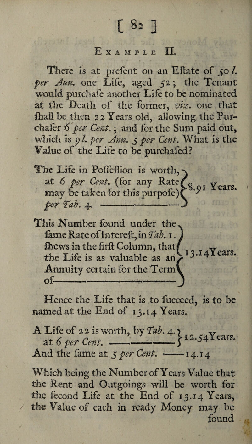 [ 8= ] Example II. • 1 There is at prelent on an Eftate of jo /. per Ann. one Life, aged 52; the Tenant would purchafe another Life to be nominated at the Death of the former, viz, one that fhall be then ;2 2 Years old, allowing the Pur- chafer 6 per Cent,; and for the Sum paid out, which is p/. per Ann. 5 per Cent, What is the Value of the Life to be purchafed? The Life in Pofleffion is worth, at 6 per Cent, (for any Rate may be taken for this purpofe) per Tab, 4, --—- 8,pi Years. This Number found under the lame Rate of Intereft, in Tab fliews in the firit Column the Life is as valuable as an^ Annuity certain for the TermV of--J 3.i4Years. Hence the Life that is to fucceed, is to be named at the End of 13.14 Years. A Life of 22 is worth, by Tab, 4.7 ^ at 6 per Cent. .— 3 ^ And the fame at ^ per Cent. -14-^4 Which being the Number of Years Value that the Rent and Outgoings will be worth for the fecond Life at the End of 13.14 Years, / the Value of each in ready Money may be found