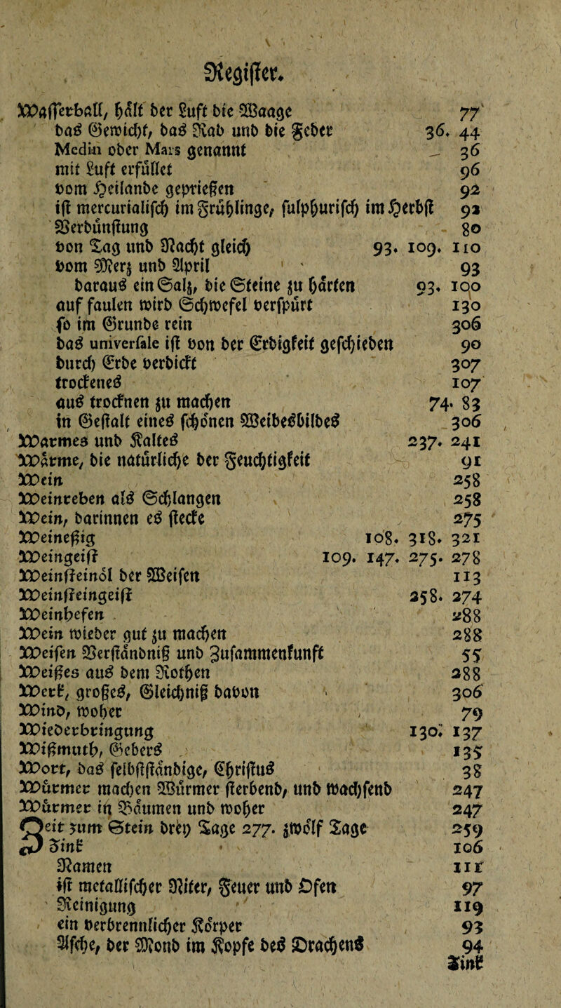 ÜÎCâi(Ï€ï* XPaffetball, h&t ber £uft bie 933aage 77k baé ©eroidjt, baé Sîab unb bie gebet* 36. 44 Media ober Mais genannt _ 36 mit £uft erfüllet 96 bom $eilanbe gepriegm 92 ijî mercurialifch im grü&linge, fulpfjurifch int§erb(ï 9a 23erbüngung 80 son Sag unb Üîacht gleid) 93* 109» no bom 3D?er$ unb 5lpril 1 ' 93 baraué ein6alj, bie ©leine $u barten 93« 100 auf faulen wirb ©chrocfel berfpürt 130 fü im ©runbe rein 306 baé univerfale ifi uon bec ©rbigfeit gefdjieben 90 burd) (Erbe öerbidt 307 trodeneé 107 aué troefnen ju machen 74. 83 in ©egalt eineö fronen 5Ö3eibe€bilbe$ 306 XDarmta unb $alteé 237. 241 XD bttne, bie natürliche ber geuchtigfeit - gt XDtin 258 Weinreben alé ©drangen 258 XVeinr barinnen e$ ffeebe V 275 XPeinegig log. 318* 321 XDeingeifî 109. 147. 275. 278 XDemfîetnél ber SBeifen 113 XPemfîemgeifî 358« 274 XDcinbefcn 288 XDcin mieber gut $u machen 288 XVcifcn 33erganbnig unb gufammenfunft 55 XDtißes anß bem Sîofljen 388 XDctît grogeé, ©leid)ttig babon '* 306 XDint>, woher , 79 XDieöetbtmgttng 130» 137 Xüifimixtb, ©cber£ . 135: XDottf baß feibgfîanbige, 38 XOävmcv mad)cn QBürmer gerbenb/ unb mad)fenb 247 XDhtmct iü Daumen unb roofjer 247 Seit nun ©tein brh; Sage 277. jtbclf Sage 259 %inï ♦ - 106 tarnen ^ nt ♦ft metaHifcher $iter, geuer unb Ofen 97 ' Steinigung *f ■ 119 ein oerbrennlidjer Körper 93 3lfd)e, ber $?onb tm -Kopfe be$ SDrachenS 94 $in?