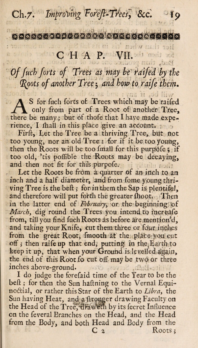 C H A P. VII. 1 . • ' i it j .■ .. 2 . f Of fucb forts of Trees as may be raifed by tie pots of another Tree $ and how to raife them. AS for fuch forts of Trees which may be raifed only from part of a Root of another Tree, there be many; but of thofe that I have made expe¬ rience, I Hiall in this place give an account. < Firft, Let the Tree be a thriving Tree, but not too young, nor an old Tree : for if it be too young, then the Roots will be too frnall for this purpOfe 5 if too old, ’tis poflible the Roots may be decaying, and then not fit for thiYpurpofe. , J: ;- Let the Roots be from a quarter of an inch to an inch and a half diameter, and from fome young thri¬ ving Tree is the beft ,* for in them the Sap is plentiful, and therefore will put forth the greater fhoot4 Then in the latter end of February, or the beginning of March, dig round the Trees you intend to iocreafe from, till you find fuch Roots as before are/mentioned, and taking your Knife, cut them three or four inches from the great Root, fmooth at the place you cut off,* then raife up that end; putting in the^arthto keep it up, that when your Ground is levelled again, the end of this Root fo cut off may be two or three inches above-ground. /•-v ? r i;; I- I do judge the forefaid time of the Year to be the beft ; for then the Sun haftning to the Vernal Equi¬ noctial, or rather this Star of the Earth to Libra, the Sun having Heat, and a ftronger drawing Faculty on the Head of the Tree/SraV^ffn by its fecret Influence on the feveral Branches on the Head, and the Head from the Body, and both Head and Body from the G z Roots ;