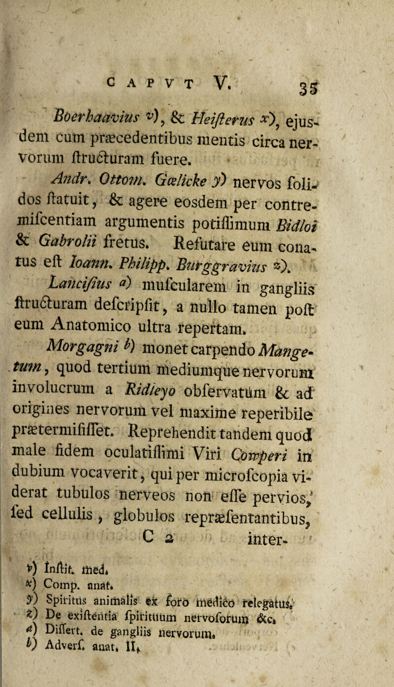 / Bderhaavius -’), & Heifterus •*’), ejus¬ dem cum praecedentibus mentis circa ner¬ vorum ffructuram fuere, Andr. Ottom, Gce/kke y) nervos foii- dos ftatuit, & agere eosdem per contre- mifcentiam argumentis potiffimum Bidloi & Gabrolii fretus. Refutare eum cona¬ tus eft loann. Philippe Burggr avius Lancifius <*) mufcularem in gangliis ftru6luram defcripfit, a nullo tamen poli eum Anatomico ultra repertam, Morgagni &) monet carpendo Mange- tuTfz} quod tertium mediumque nervorum involucrum a Ridleyo obfervattkm & ad' origines nervorum vel maxime reperibile praetermifilfet. Reprehendit tandem quodi male fidem oculatilbmi Viri Cowperi in dubium vocaverit, qui per microfcopia vi¬ derat tubulos nerveos non effe pervios, fed cellulis, globulos reprasfentantibu s, C a inter- r) Inftif. ltied, *) Comp. sinat* iv) Spiritus animalis ex foro medico relegaiui, «) De exiftentia fpiritttum nervoforiun &c. <t) Differt, de gangliis nervorum. V Adverf. anat. II*