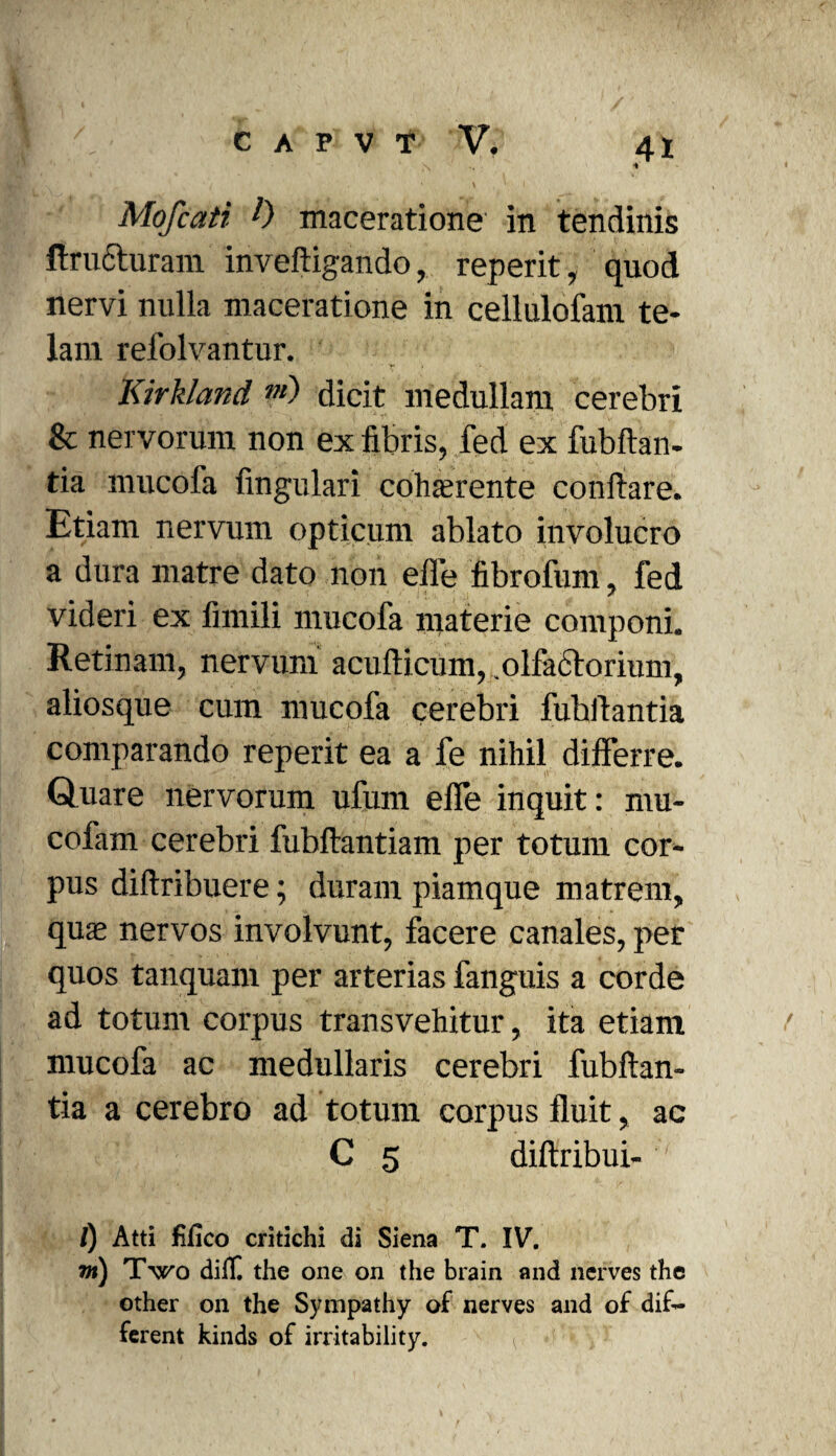 Mofcati t) maceratione in tendinis ftructurani inveftigando, reperit, quod nervi nulla maceratione in cellulofam te¬ lam refolvantur. Kirkland vi) dicit medullam cerebri & nervorum non ex fibris, fed ex fubftan- tia mucofa fingulari cohferente conftare. Etiam nervum opticum ablato involucro a dura matre dato non efle fibrofum, fed videri ex fimili mucofa materie componi. Retinam, nervum acufticiim, olfactorium, aliosque cum mucofa cerebri fuhftantia comparando reperit ea a fe nihil differre. Quare nervorum ufum effe inquit: mu- cofam cerebri fubftantiam per totum cor¬ pus diftribuere; duram piamque matrem, quae nervos involvunt, facere canales, per quos tanquam per arterias fanguis a corde ad totum corpus transvehitur, ita etiam mucofa ac medullaris cerebri fubftan- tia a cerebro ad totum corpus fluit, ac C 5 diftribui- /) Atti fifico critichi di Siena T- IV. in) Two difH the one on the brain and nerves the other on the Sympathy of nerves and of dif¬ ferent kinds of irritability.
