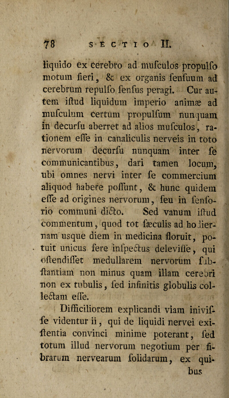 4 liquido excerebro ad mufculos propulfo motum fieri, & ex organis fenfuum ad cerebrum repulfo fenfus peragi. Cur au¬ tem iftud liquidum imperio anima* ad mufculum certum propulfum nunquam in decurfu aberret ad alios mufculos, ra¬ tionem e fle in canaliculis nerveis in toto nervorum decurfu nunquam inter fe communicantibus, dari tamen locum, ubi omnes nervi inter fe commercium aliquod habere poflunt, & hunc quidem effe ad origines nervorum, feu in fenfo- rio communi dicio. Sed vanum iftud commentum, quod tot feculis ad ho.iier- nam usque diem in medicina floruit, po- • tuit unicus fere infpectus delevifle, qui oftendilfet medullarem nervorum fib- ftantiam non minus quam illam cerebri non ex tubulis, led infinitis globulis col¬ lectam elfe. Difficiliorem explicandi viam inivif- fe videntur ii, qui de liquidi nervei exi- fientia convinci minime poterant, led totum illud nervorum negotium per fi¬ brarum nervearum folidarum, ex qui- ^ bus