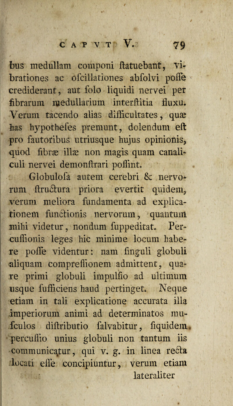 / , > , bus medullam componi ftatuebant, vi¬ brationes ac ofcillationes abfolvi polle crediderant, aut folo liquidi nervei per fibrarum medullarium interftitia fluxu. Verum tacendo alias difficultates, qute has hypotheles premunt, dolendum eft pro fautoribus utriusque hujus opinionis, quod, fibras illae non magis quam canali¬ culi nervei demonftrari poilint. Globulofa autem cerebri & nervo¬ rum ftructura priora evertit quidem, verum meliora fundamenta ad explica¬ tionem functionis nervorum, quantum mihi videtur, nondum fuppeditat. Per- cuffionis leges hic minime locum habe¬ re poffe videntur: nam finguli globuli aliquam compreffionem admittent, qua¬ re primi globuli impulfio ad ultimum usque fufficiens haud pertinget. Neque etiam in tali explicatione accurata illa imperiorum animi ad determinatos rau- fculos diftributio falvabitur, fiquidem. percuffio unius globuli non tantum iis communicatur, qui v. g. in linea recta locati elfe concipiuntur, verum etiam lateraliter
