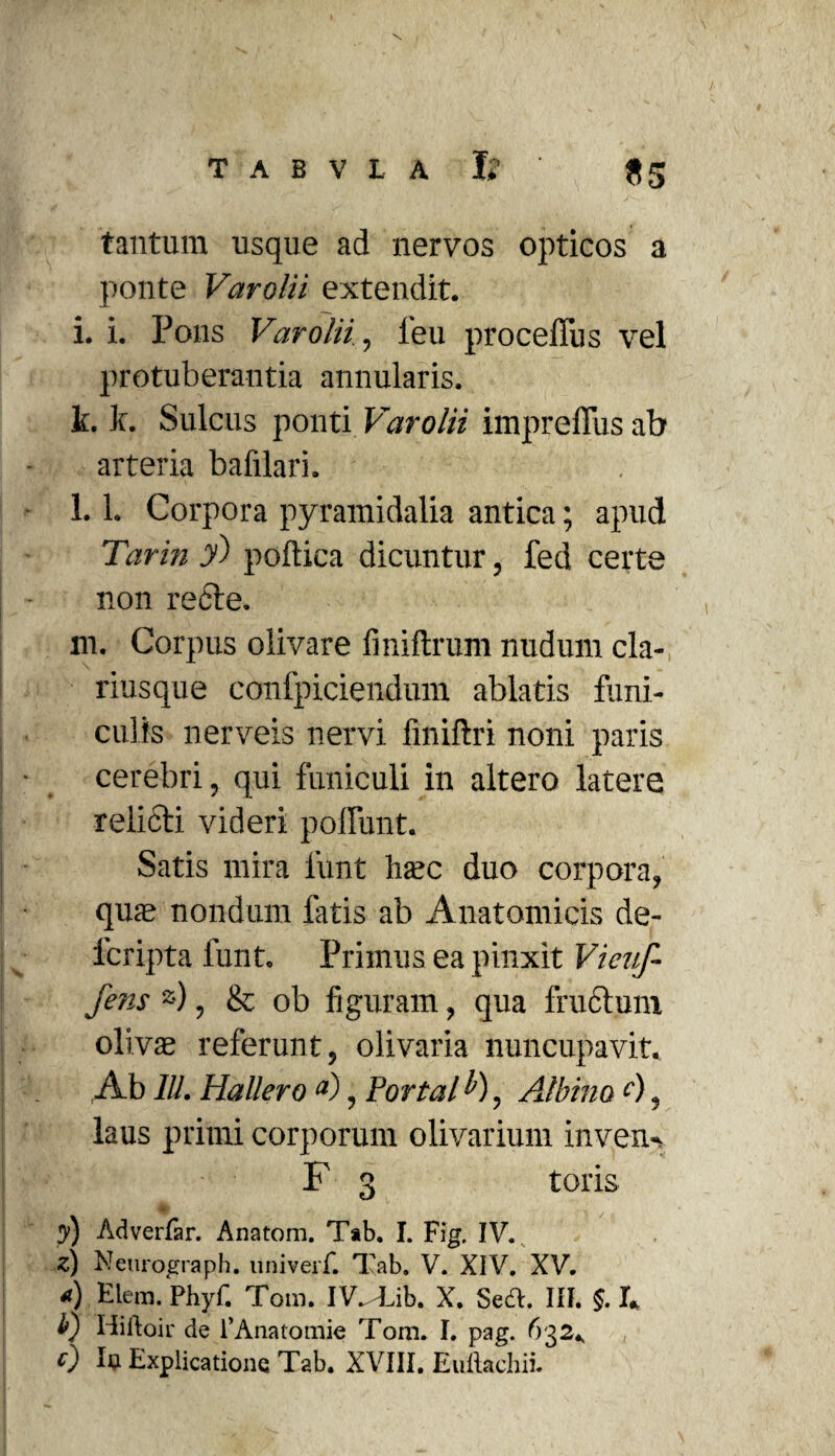 tantum usque ad nervos opticos a ponte Varo/ii extendit. i. i. Pons Varolii, ieu proceffus vel protuberantia annularis. L b. Sulcus ponti Varolii impreffus ab arteria bafilari. l. 1. Corpora pyramidalia antica; apud Tarin j) poftica dicuntur, fed certe non re<5te. m. Corpus olivare finiftrum nudum cla- riusque confpiciendum ablatis funi¬ culis nerveis nervi finiftri noni paris cerebri, qui funiculi in altero latere relifti videri polfunt. Satis mira funt ha?c duo corpora, quae nondum latis ab Anatomicis de- ieripta lunt. Primus ea pinxit Vienf- fens z), & ob figuram, qua 1’ruclum olivae referunt, olivaria nuncupavit. Ab III. Hallero a), Portal&), Albino c), laus primi corporum olivarium inveru F 3 toris y) Adverlar. Anatom. T*b. I. Fig. IV. z) Neurograph. univerf. Tab. V. XIV. XV. «) Elera. Phyf. Tora. I V. Lib. X. Secl. III. §. L i) Hiftoir de 1’Anatomie Tom. I. pag. 632. 0 Ia Explicatione Tab. XVIII. Euflachii.