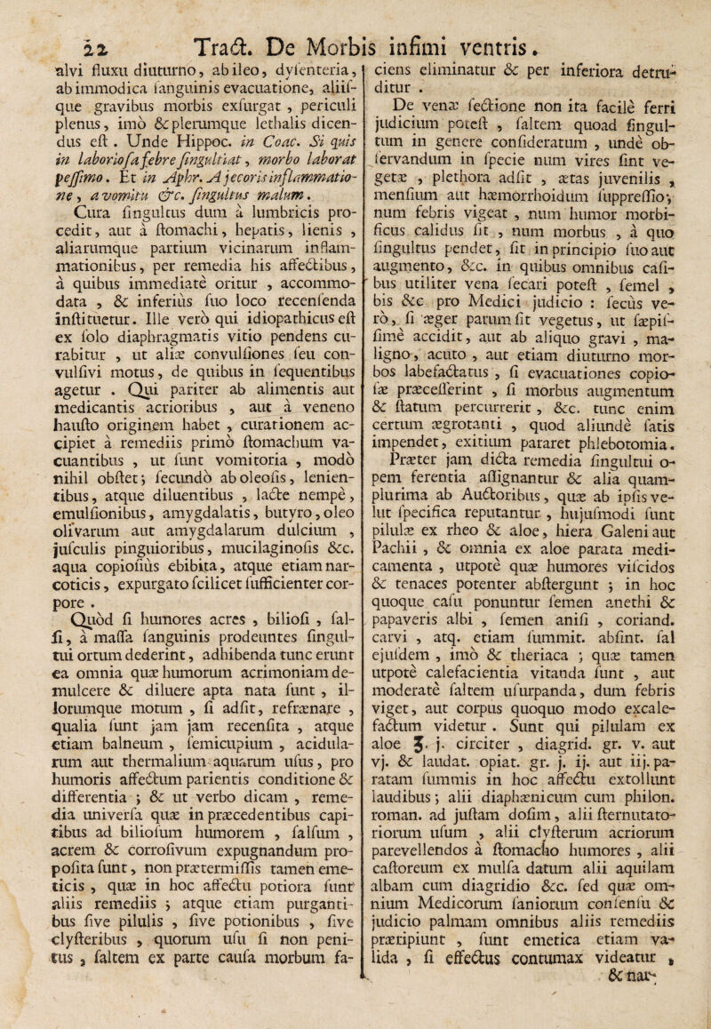 alvi fluxu diuturno, ab ileo, dysenteria, ab immodica Sanguinis evacuatione, aliif- que gravibus morbis exfurgat , periculi plenus, imo & plerumque lethalis dicen¬ dus efl:. Unde Hippoc. in Coae. Si quis in laboriofa febre fingultiat, ?norbo laborat \>effmo. Et in A$hr. A jecoris inflammatio¬ ne , a vomitu &c. fingultus malum. Cura flngultus dum a lumbricis pro¬ cedit, aut a ftomachi, hepatis, lienis , aliarumque partium vicinarum inflam¬ mationibus , per remedia his affedtibns, a quibus immediate oritur , accommo¬ data , & inferius fuo loco recenlenda inftituetur. Ille vero qui idiopathicus efl: ex folo diaphragmatis vitio pendens cu¬ rabitur , ut aliae convulliones feu con- vulfivi motus, de quibus in Sequentibus agetur . Qui pariter ab alimentis aut medicantis acrioribus , aut a veneno haufto originem habet , curationem ac¬ cipiet a remediis primo Stomachum va¬ cuantibus , ut Sunt vomitoria , modo nihil obfletj fecundo aboleofls, lenien¬ tibus , atque diluentibus , lacte nempe, emulfionibus, amygdalatis, butyro,oleo oliVarum aut amygdalarum dulcium , juSculis pinguioribus, mucilaginofis &c. aqua copioiiiis ebibita, atque etiam nar¬ coticis , expurgato Scilicet Sufficienter cor¬ pore . Quod Si humores acres , bilioSi , fal- fi, amaffa Sanguinis prodeuntes Singul¬ tui ortum dederint, adhibenda tunc erunt ea omnia quae humorum acrimoniam de¬ mulcere & diluere apta nata Sunt , il¬ iorumque motum , Si adflt, refraenajre , qualia Sunt jam jam receniita , atque etiam balneum , femicupium , acidula¬ rum aut thermalium aquarum ufus, pro humoris affedtum parientis conditione &c differentia ; & ut verbo dicam , reme¬ dia univerfa quae in praecedentibus capi¬ tibus ad bilioSum humorem , falfum , acrem &c corrofivum expugnandum pro- pofltaSunt, non praetermiffis tamen eme¬ ticis , quae in hoc affedtu potiora Sunt aliis remediis j atque etiam purganti¬ bus five pilulis , five potionibus , Sive clyAeribus , quorum ufu Si non peni¬ tus a Saltem ex parte cauSa morbum fa¬ ciens eliminatur & per inferiora detru¬ ditur . De vena: SedKone non ita facile ferri judicium poteft , Saltem quoad Singul¬ tum in genere confideratum , undeob- Servandum in Specie num vires Sint ve¬ getae , plethora adflt , aetas juvenilis , menflimi aut haemorrhoidum Suppreflio*, num febris vigeat , num humor morbi- fleus calidus Sit , num morbus , a quo flngultus pendet. Sit in principio Suo aut augmento, &c. in quibus omnibus caft- bus utiliter vena Secari poteft , Semel * bis dec pro Medici judicio : Secus ve¬ ro, fl aeger parum fit vegetus, ut faepif- ftme accidit, aut ab aliquo gravi , ma¬ ligno, acuto , aut etiam diuturno mor¬ bos labefactatus , SI evacuationes copio¬ lae praecellerint , fl morbus augmentum & flatum percurrerit, &c. tunc enim certum aegrotanti , quod aliunde Satis impendet, exitium pararet phlebotomia. Praeter jam diCta remedia flngultui o- pem ferentia aSIignantur & alia quam- piurima ab Au&oribus, quae ab ipfis ve¬ hit Specifica reputantur , hujufmodi Sunt pilulae ex rheo & aloe, hiera Galeni aut Fachii , & omnia ex aloe parata medi¬ camenta , utpote quae humores viicidos &c tenaces potenter abftergunt *, in hoc quoque calix ponuntur Semen anethi &c papaveris albi , Semen anifl , coriand. carvi , atq. etiam fummit. abflnt. Sal ejuldem , imo Sc tlieriaca ; quae tamen utpote calefacientia vitanda Sunt , aut moderate Saltem ufurpanda, dum febris viget, aut corpus quoquo modo excale- faCtum videtur . Sunt qui pilulam ex aloe J. j. circiter , diagrid. gr. v. aut vj. 6c laudat, opiat. gr. j. ij. aut iij. pa¬ ratam Summis in hoc affeCtu extollunt laudibus; alii diaphaenicum cum phiion. roman. ad juftam doflm, alii Sternutato- riorum uSum , alii clvfterum acriorum parevellendos a Stomacho humores , alii caftoreum ex mulfa datum alii aquilam albam cum diagridio Scc. Sed quae om¬ nium Medicorum Saniorum conlenfu Sc judicio palmam omnibus aliis remediis praeripiunt , Sunt emetica etiam va¬ lida , fl effeCtus contumax videatur 8 v ' 6c nai^ -A