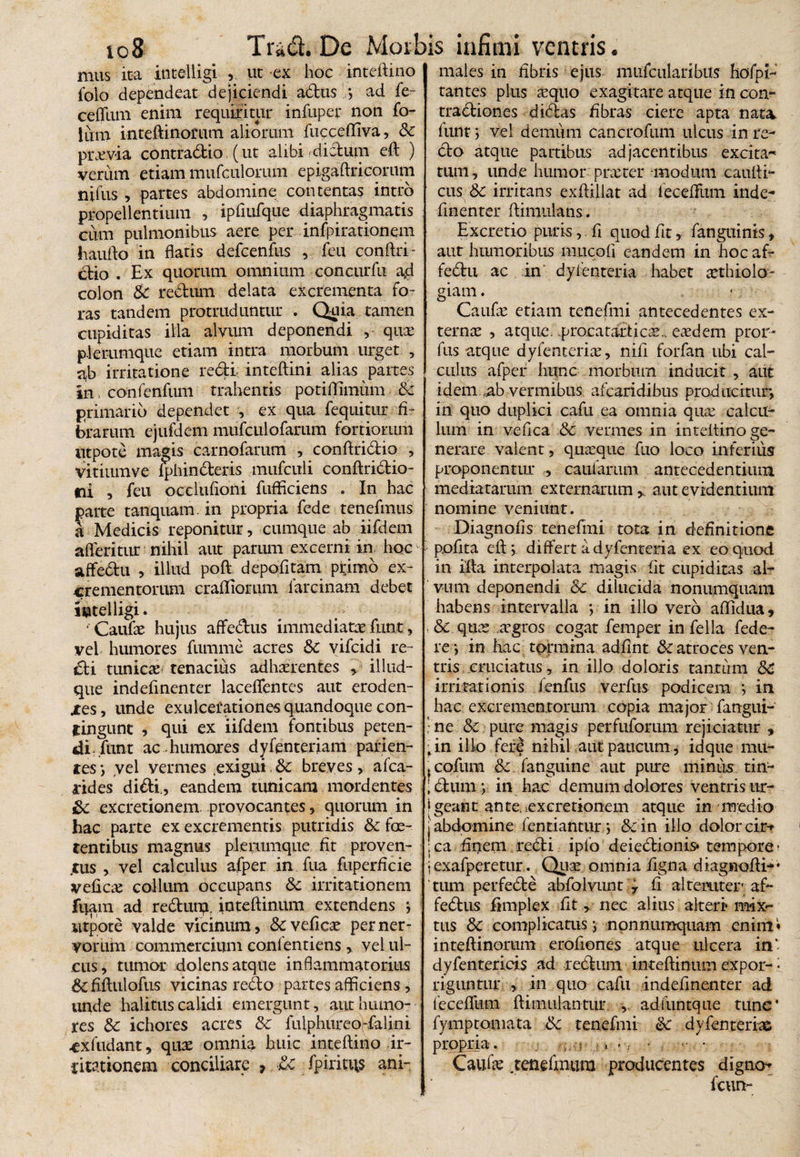 mus ita ititelligi ,. ut ex hoc inteftino folo dependeat dejiciendi adtus *, ad fe- cefliim enim requiritur infupet non fo- luni inteftinomm aliorum fucceffiva, & previa contradbio (ut alibi dictum eft ) verum etiam mufculorum epigaftricorum nilus , partes abdomine contentas intro propellentium , ipriufque diaphragmatis cum pulmonibus aere per infpirationem hauito in flatis defcenfus , feu conftri- ctio . Ex quorum omnium concurfu a,d colon 8c redtum delata excrementa fo¬ ras tandem protruduntur . Quia tamen cupiditas illa alvum deponendi ,- qux plerumque etiam intra morbum urget , ab irritatione redi inteftini alias partes in, confenfum trahentis potiffimum 6c primario dependet , ex qua fequitur fi¬ brarum cjufdem mufculofarum fortiorum utpote magis carnofarum , conftridio , vitiiunve iphinderis mufculi conftridio- tii , feu occlufioni fufflciens . In hac parte tanquam. in propria fede tenefmus a Medicis reponitur, cumque ab iifdem afleritur nihil aut parum excerni ia hoc affedu , illud poft depofitam primo ex¬ crementorum crafliorum farcinam debet intelligi. • Caufae hujus affedus immediatae funt, vel humores fumme acres &c vifcidi re¬ cti tunicae tenacius adhaerentes * illud- que indefinenter laceflentes aut eroden- xes, unde exulcerationes quandoque con¬ tingunt , qui ex iifdem fontibus peten¬ di . funt ac-humores dyfenteriam patien¬ tes *, vel vermes .exigui & breves, afca- arides didi., eandem tunicam mordentes £c excretionem provocantes, quorum in hac parte ex excrementis putridis Sc foe¬ tentibus magnus plerumque flt proven¬ tus , vel calculus afper in fua fuperficie veficse collum occupans &c irritationem fiiam ad redurq. inteftinum extendens j utpote valde vicinum, & veftcae per ner¬ vorum commercium confentiens , vel ul¬ cus, tumor dolens atque inflammatorius & fiftulofus vicinas redo partes afficiens , unde halitus calidi emergunt, aut humo¬ res & ichores acres &c fuiphtireorfalini cxfudant, quae omnia huic inteftino ir¬ ritationem conciliare , fpiritiis ani¬ males in fibris ejus mufcularibus hofpi- tantes plus aequo exagitare atque in con- tradiones didas fibras ciere apta nata funt i vel demum cancrofum ulcus in re¬ do atque partibus adjacentibus excita^ tum, unde humor praeter modum caufli- cus 6c irritans exflillat ad fecefllim inde¬ finenter ftimulans. Excretio puris, fi quod fit, fanguinis, aut humoribus mucoft eandem in hoc af- fedu ac in dyfenteria habet aethiolo- giam. * Caufae etiam tenefmi antecedentes ex¬ ternae , atque, procatarricae.. eaedem pror- fus -atque dyfenteria, nift forfan ubi cal¬ culus afper hunc morbum inducit , aut idem «ab vermibus afearidibus producitur, in quo duplici cafu ea omnia quse calcu¬ lum in vefca &c vermes in inteitino ge¬ nerare valent, quaeque fuo loco inferius proponentur , caularum antecedentium mediatarum externarum * aut evidentium nomine veniunt. Diagnofs tenefmi tota in definitione pofita cft ; differt a dyfenteria ex eo quod in ifta interpolata magis (it cupiditas al¬ vum deponendi & dilucida nonumquam habens intervalla ; in illo vero affidua, & qux agros cogat femper in fella fede- re *, in hac tormina adfint &: atroces ven¬ tris cruciatus, in illo doloris tantum &C irritationis fenfus verfus podicem ; in hac excrementorum copia major fangui- ‘ ne & pure magis perfuforum rejiciatur , ^in illo ferf nihil aut paucum , idque mu- .cofum & fanguine aut pure minus tin- jdhim; in hac demum dolores ventris ur- jgeant ante, excretionem atque in medio j abdomine (entiantur ; &in illo dolor cir-f jca finem redti iplo deiedtionis* tempore » i exafperetur. Quas omnia fgna diagnofti— tum perfedte abfolvunt 7 f alteruter af- fedhis fimplex ftt, nec alius alteri* mix¬ tus & complicatus j nonnumquam enim* inteftinorum erofiones atque ulcera m' dyfentericis ad redfum inteftinum expor-: rigtintur , in quo cafu indefinenter ad fecefllim ftiimilantur ,. adfuntque tunc ‘ fymptomata 6c tenefmi &: dyfenteria^ propria. ,.■> , •, • Caufae .tenefmum producentes digno-** fcun-