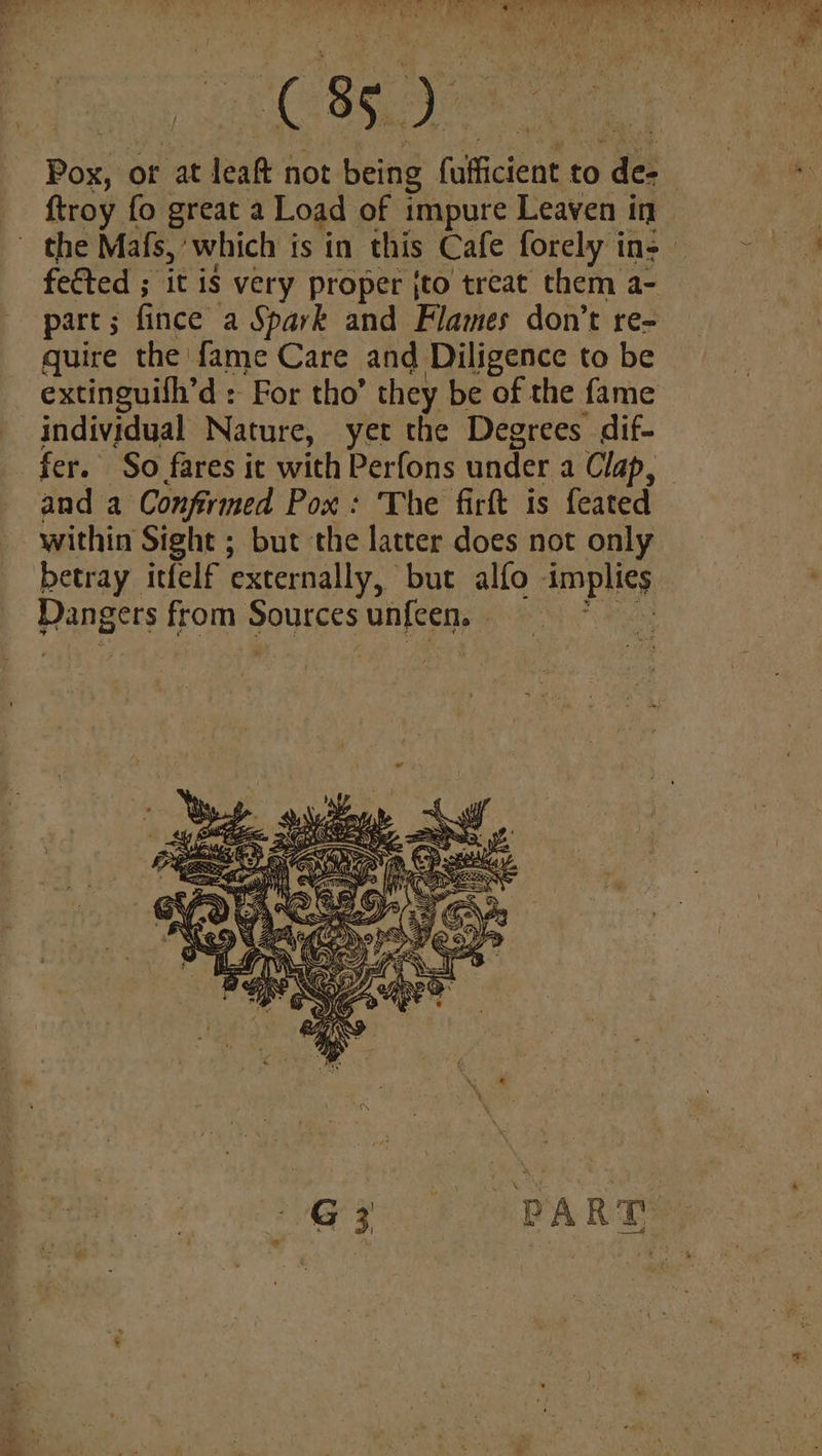 (85) Pox, ¢ or at leat not being fulficient to de. {troy fo great a Load of impure Leaven in fected ; it is very proper {to treat them a- part ; fince a Spark and Flames don’t re- quire the fame Care and Diligence to be extinguith’d : For tho’ they be of the fame individual Nature, yet the Degrees dif- fer. So fares it with Perfons under a Clap, and a Confirmed Pox: The firft is feated within Sight ; but the latter does not only betray itfelf externally, but alfo smplicy Dangers ye Bours S on