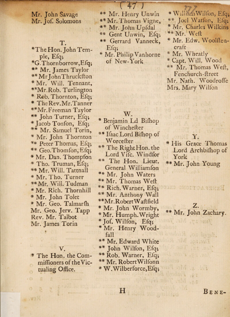 Mr. John Savage Mr. Jof. Solomons T. *The Flon. John Tem¬ ple, Efq; *G.Thornborrow,Efq; ** Mr. James Taylor ** Mr JohnThruckfton * Mr. Will. Tennant, **Mr.Rob. Turlington * Rob. Thornton, Efq*, * TheRev.Mr.Tanner **Mr. Freeman Taylor ** John Turner, Efq*, * Jacob Tonfon, Elq; ** Mr. Samuel Torin, * Mr. John Thornton ** Peter Thomas, Efq; ** Geo.Thomfon, Efq; * Mr. Dan. Thompfon * Tho. Truman, Efq; ** Mr. Will. Tattnall * Mr. Tho. Turner **Mr. Will. Tudman * Mr. Rich. Thornhill * Mr. John Tolet * Mr. Geo. Talmarfh Mr. Geo. Jerv. Tapp Rev. Mr. Talbot Mr. James Torin V, * The Hon. the Com- miflioners of the Vic¬ tualing Office. I 47 ) ** Mr. Henry Unwin ** Mr. Thomas Vigne, ** Mr. John Upfdal ** Gent Unwin, Efq; ** Gerrard Vanneck, Efq; * Mr. Philip Vanhorne of New-York W. * Benjamin Ld Bifhop of Winchefter ** IfaacLord Bifhop of Worcefter ** The RightHon.the Lord Vifc. Windfor ** The Hon. Lieut. General William fon ** Mr. John Waters ** Mr. Thomas Weft ** Rich. Warner, Efq; ** Mr. Anthony Wall **Mr. Robert Waft field * Mr. John Wormby, *Mr. Humph.Wright *Jof. Wilfon, Efq; * Mr. Henry Wood- fall ** Mr. Edward White ** John Wilfon, Efq; ** Rob. Warner, Efq; ** Mr. RobertWilfonn * W.Wilberforce,Elq; * WilliSmWilfon, Efq; Joel Watfon, Efq; * Mr. Charles Wilkins ** Mr. Weft * Mr. Edw. Woolften- craft * Mr. Wheatly * Capt. Will. Wood ** Mr. Thomas Weft, Fenchurch-ftreet Mr. Nath. Woodroffe Mrs. Mary Wilfon Y. * His Grace Thomas Lord Archbifhop of York ** Mr. John Young Z. ** Mr. John Zachary, § j \ H Bene-