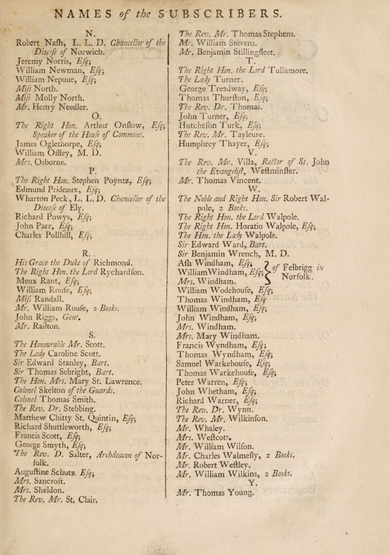 N. Robert Na(h, L, L. D. Chancellor of the Diocfe of Norwich, Jeremy Norris, Efq\ William Newman, Efq; William Nepuue, Efq\ Mifs North. Mifs Molly North. Mr, Henry Needier, o. The Right Hon. Arthur Onflow, Efq\ Speaker of the Houle of Commons. Tames Oglethorpe, Efq; William Offley, M. D. Mrs. Osborne. P. The Right Hon. Stephen Poyntz, Efq\ Edmund Prideaux, Efq; Wharton Peck, L. L. D. Chancellor of the Diocefe of Ely. Richard Powys, Efq, John Parr, Efq\ Charles Pollhill, Efq\ A R. His Grace the Duke of Richmond. The Right Hon. the Lord Rye hard Ton. Meux Rant, Efq-y William Roufe, Efq, Mifs Randall. Mr. William Roufe, 2 Books. John Riggs, Gent. Air. Rail ton. S. The Honourable Mr. Scott. The Lady Caroline Scott. Sir Edward Stanley, Bart. Sir Thomas Sebright, Bart. The Hon. Mrs. Mary St. Lawrence. Colonel Skelton of the Guards. Colonel Thomas Smith. The Rev. Dr. Stebbing. Matthew Chitty St. Quintin, Efq, Richard Shuttleworth, Efq; F rancis Scott, Efq; George Smyth, Efq\ The Rev. D. Salter, Archdeacon of Nor¬ folk. Auguftine Schutz Efq-y Mrs. Sancroft. Mrs. Sheldon. The Rev. Mr, St. Clair* The Rev. Mr. Thomas Stephens. AI\ William Stevens. Mr. Benjamin Stillingfleet. T, The Right Hon. the Lord Tullamore. I he Lady Turner. George Treadway, Efq\ Thomas Thurllon, Efq\ The Rev. Dr. Thomas. John Turner, Efq\ Hutchefon Turk, Efq, The Rev. Mr. Tayleure. Humphrey Thayer, Efq, V. The Rev. Mr. Villa, Redlor of St. John the Evangelif, Weftmirifter. Mr. Thomas Vincent. V/. The Noble and Right Hon. Sir Robert Wah pole, 2 Books. The Right Hon. the Lord Walpole. The Right Hon. Horatio Walpole, Efq, The Hon. the Lady Walpole. Sir Edward Ward, Bart. Sir Benjamin Wrench, M. D. Afli Windham, Efq-. 7 , F ,, • ■ William Windham, Efq-f>°J £ f P * Mrs. Windham. S Norf°'k- William Wodehoufe, Efq\ Thomas Windham, Ejq William Windham, Efq\ John Windham, Efq; Mrs. Windham. Airs. Mary Windham. Francis Wyndham, Efq; Thomas Wyndham, Efq; Samuel Warkehoufe, Efq-, Thomas Warkehoufe, Efq-, Peter Warren, Efq; John Whetham, Efq-, Richard Warner, Efq-, The Rev. Dr. Wynn. The Rev. Mr. Wilkinfon. Mr. Whaley. Mrs. Weftcott# Mr. William Wilfon. Air. Charles Walmefly, 2 Books, Air. Robert Weftley. Mr. William Wilkins, 2 Books» Y. Mr. Thomas Young,