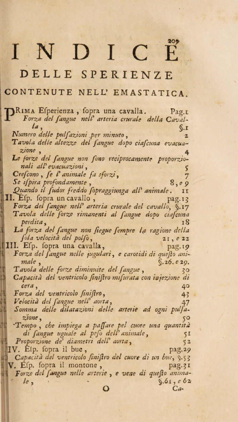 \ 20 $> INDICE DELLE SPERIENZE CONTENUTE NELL’ EMASTATICA. s PRima Efperienza , fopra una cavalla, Pag.t Forza del fangue nel F arteria crurale della Cavai- la ì §.l Numero delle pulfazioni per minuto , 2 Tavola delle altezze del fangue dopo ciaf cuna evacua¬ zione , 4 Le forze del fangue non fono reciprocamente proporzio¬ nali all’ evacuazioni, £ Crefcono , fe F animale fa sforzi, 7 .SV ifpira profondamente , 8 , e 9 Quando il f udor freddo fopraggiunga al F animale . 11 II. Efp. fopra un cavallo , pag.13 Forza del fangue nell’ arteria crurale del cavallo, §.17 Tavola delle forze rimanenti al [angue dopo ci a [cuna perdita, 18 forza del fangue non fiegue fempre la ragione della U fola velocità del poi fa, 21 , e 22 ,1111. Efp. fopra una cavalla, pag.19 Forza del fangue nelle iugulari, <? carotidi di quejìo ani¬ male , §.26. e 29. Tavola delle forze diminuite del fangue , 30 ') Capacità del ventricolo ftnijìro mifurata con infezione di cera, 40 Forza del ventricolo ftnijìro, 4$ Velocità del fangue nelf aorta, 47 òli Somma delle dilatazioni delle arterie ad ogni pulfa¬ zione , 50 ìjE *Tempo , che impiega a pa [fare pel cuore una quantità di fangue uguale al pefo dclF animale y 51 •iï Proporzione de5 diametri delf aorta, 52 |lV. Elp. fopra il bue , pag.29 n Capacità del ventricolo finijìro del cuore dì un hue, ^.55 , V. Efp. fopra il montone , pag.^i vi § Forze del fangue nelle arterie , e vene di quejìo anima¬ le , - §.óx,