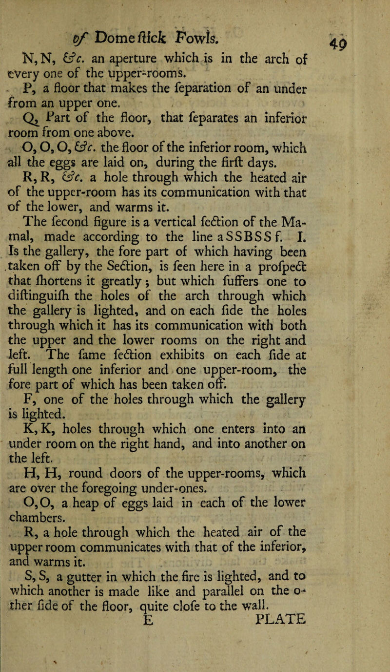 Dome flick Fowls. N, N, &c. an aperture which is in the arch of every one of the upper-rooms. P, a floor that makes the reparation of an under from an upper one. Part of the floor* that feparates an inferior room from one above. O, O, O, &c. the floor of the inferior room, which all the eggs are laid on, during the firft days. R, R, &V. a hole through which the heated air of the upper-room has its communication with that of the lower, and warms it. The fecond figure is a vertical fedtion of the Ma- Is the gallery, the fore part of which having been .taken off by the Sedtion, is feen here in a profpedt that lhortens it greatly; but which fuffers one to diftinguifh the holes of the arch through which the gallery is lighted, and on each fide the holes through which it has its communication with both the upper and the lower rooms on the right and left. The fame fedtion exhibits on each fide at full length one inferior and one upper-room, the fore part of which has been taken off. F, one of the holes through which the gallery is lighted. K, K, holes through which one enters into an under room on the right hand, and into another on the left. H, H, round doors of the upper-rooms, which are over the foregoing under-ones. O, O, a heap of eggs laid in each of the lower chambers. R, a hole through which the heated air of the upper room communicates with that of the inferior, and warms it. S, S, a gutter in which the fire is lighted, and to which another is made like and parallel on the o- fher fide of the floor, quite clofe to the wall. E PLATE 40