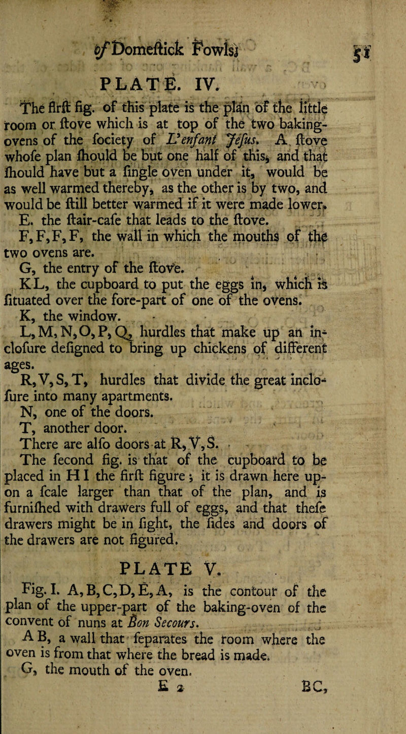 ^£)omeftick Fowlsj PLATE. IV. The flirft fig. of this plate is the plan of the little room or ftove which is at top of the two baking- ovens of the fociety of Venfant Jefus. A, ftove whofe plan fhould be but one half of this* and that fhould have but a Tingle oven under it, would be as well warmed thereby* as the other is by two, and would be ftill better warmed if it were made lower*. E, the ftair-cafe that leads to the ftove. F, F,F,F, the wall in which the mouths of the two ovens are. G, the entry of the ftove. KL, the cupboard to put the eggs in, which is fituated over the fore-part of one of the ovens. K, the window. L, M, N, O, P, Q, hurdles that make up an in- clofure defigned to bring up chickens of different ages. R,V,S,T, hurdles that divide the great inclo- fure into many apartments. N, one of the doors. T, another door. There are alfo doors at R, V,S. The fecond fig. is that of the cupboard to be placed in HI the firft figure * it is drawn here up¬ on a fcale larger than that of the plan, and is furnifhed with drawers full of eggs, and that thefe drawers might be in fight, the Tides and doors of the drawers are not figured. PLATE V. Fig. I. A,B,C,D, E,A, is the contour of the plan of the upper-part of the baking-oven of the convent of nuns at Son Secours. A B, a wall that feparates the room where the oven is from that where the bread is made. G, the mouth of the oven. £ % BC,