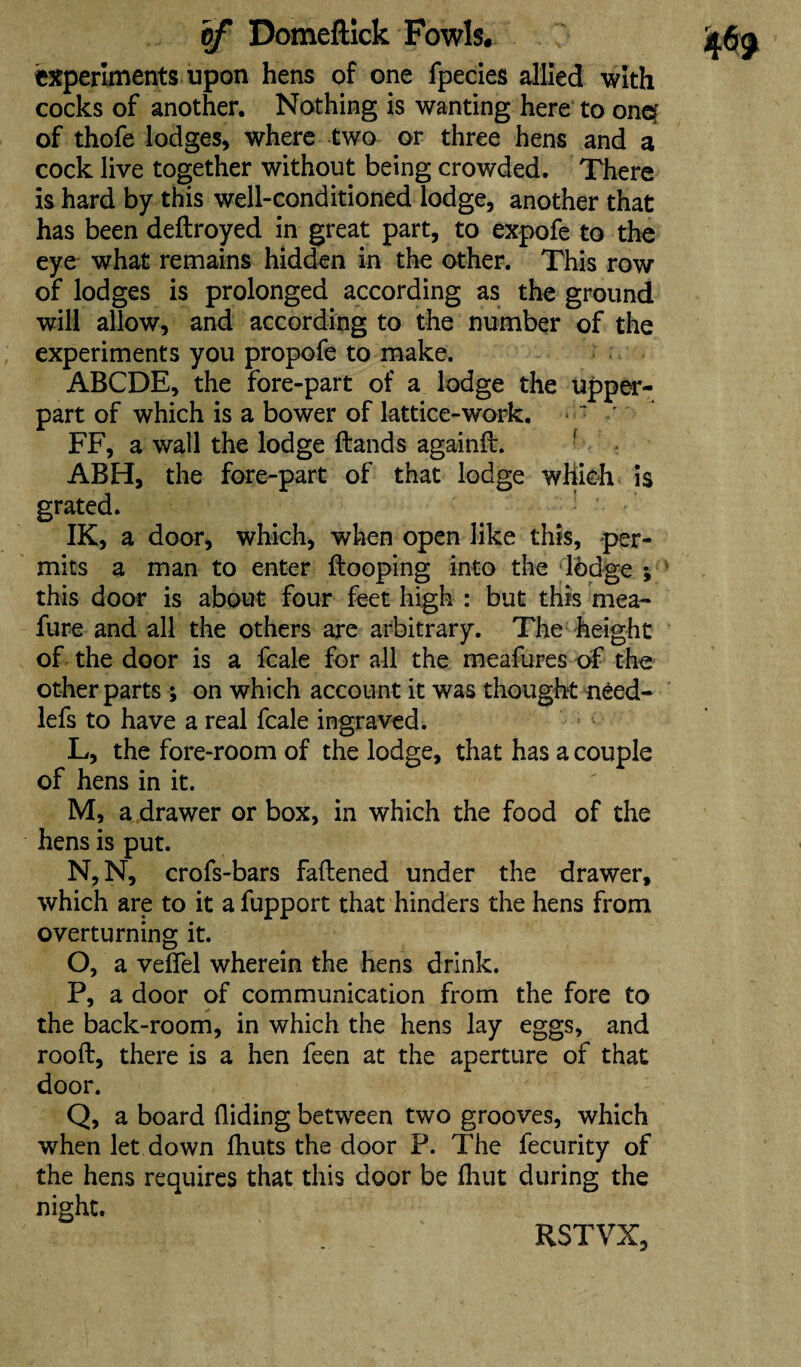 experiments upon hens of one fpecies allied with cocks of another. Nothing is wanting here to onef of thofe lodges, where two or three hens and a cock live together without being crowded. There is hard by this well-conditioned lodge, another that has been deftroyed in great part, to expofe to the eye what remains hidden in the other. This row of lodges is prolonged according as the ground will allow, and according to the number of the experiments you propofe to make. ABCDE, the fore-part of a lodge the upper- part of which is a bower of lattice-work. * f FF, a wall the lodge (lands againft. ABH, the fore-part of that lodge wliteh is grated. IK, a door, which, when open like this, per¬ mits a man to enter {looping into the lodge ; this door is about four feet high : but this mea- fure and all the others are arbitrary. The height of the door is a fcale for all the meafures of the other parts ; on which account it was thought need- lefs to have a real fcale ingraved. L, the fore-room of the lodge, that has a couple of hens in it. M, a drawer or box, in which the food of the hens is put. N, N, crofs-bars fattened under the drawer, which are to it a fupport that hinders the hens from overturning it. O, a veflel wherein the hens drink. P, a door of communication from the fore to the back-room, in which the hens lay eggs, and rood, there is a hen feen at the aperture of that door. Q, a board Aiding between two grooves, which when let down Ihuts the door P. The fecurity of the hens requires that this door be ttiut during the night. RSTVX,