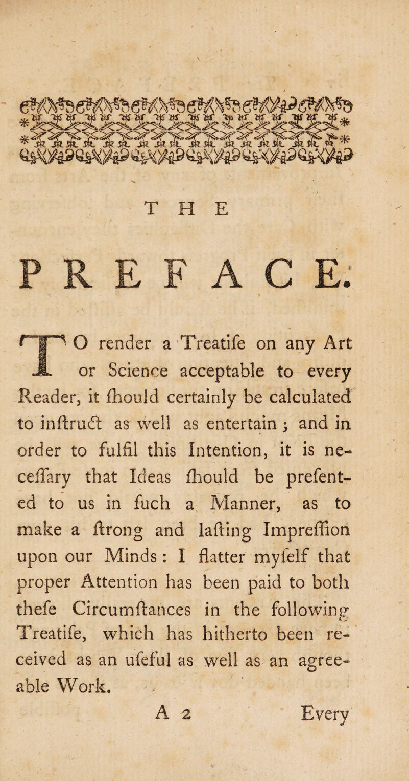 THE R E F A C E. O render a Treatife on any Art A or Science acceptable to every Reader, it fhould certainly be calculated to inftruft as well as entertain ; and in order to fulfil this Intention, it is ne- ceffary that Ideas fhould be prefent- ed to us in fuch a Manner, as to make a ftrong and lading Impreffion upon our Minds: I flatter myfelf that proper Attention has been paid to both thefe Circumflances in the following Treatife, which has hitherto been re¬ ceived as an ufeful as well as an agree¬ able Work. A 2 Every