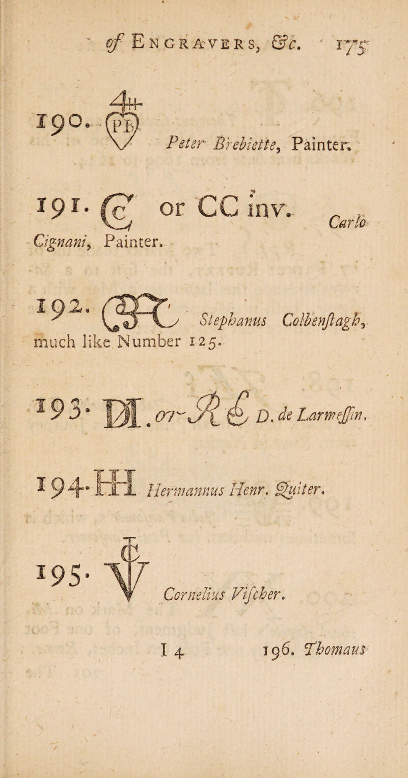 ipo. fpj. Peter Brebistte, Painter, i9r. (? or CG inv. Cignani, Painter. Carlo ^ Stephanas Colb'enJlagfir much like Number 125. ^ 9 J)4 |/J ^ (rr'S^X D. de Larwetfin, T I 04- I JLl Her mannas Henr. Suiter, *95 Cornelius Vifcher. I. 4 196. Thomaas /