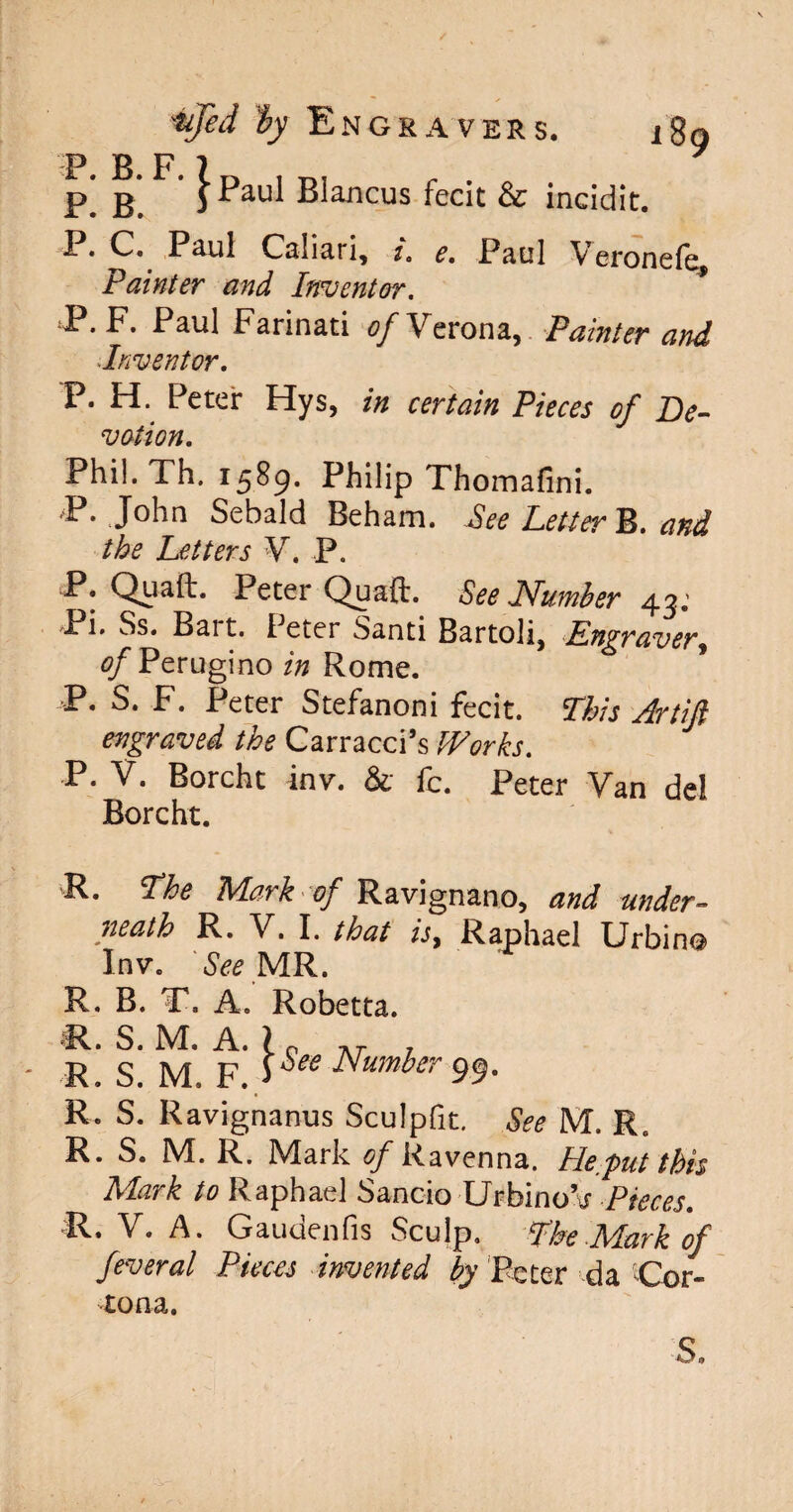 P. B. F. 1 y p_ } Paul Blancus fecit & incidit. P. C. Paul Caliari, i. e. Paul Veronefe, Painter and Inventor. JP. F. Paul Farinati 0/^ Verona, Painter and Inventor. P. H. Peter Hys, in certain Pieces of De¬ votion. Phil. Th. 1589. Philip Thomafini. P. John Sebald Beham. See Letter B. and the Letters V. P. P. Quad. Peter Quad. See Number 43; Pi. Ss. Bait. Ieter Santi Bartoli, Engraver ^ <?/Perugino in Rome. P. S. F. Peter Stefanoni fecit. This Artift engraved the Carracci’s Works. P. V. Borcht inv. & fc. Peter Van del Borcht. R. The Mark of Ravignano, and under¬ neath R. V. I. that is, Raphael Ur bin® Inv. See MR. R. B. T, A. Robetta. R. S. M. A. R. S. M. F. | See Number 99- R. S. Ravignanus Sculpfit, See M. R. R. S. M. R. Mark 0/Ravenna. He.put this Mark to Raphael Sancio UrbinoV Pieces. R. V. A. Gaudenfis Sculp. The Mark of feveral Pieces invented by Peter da Cor¬ tona. S.