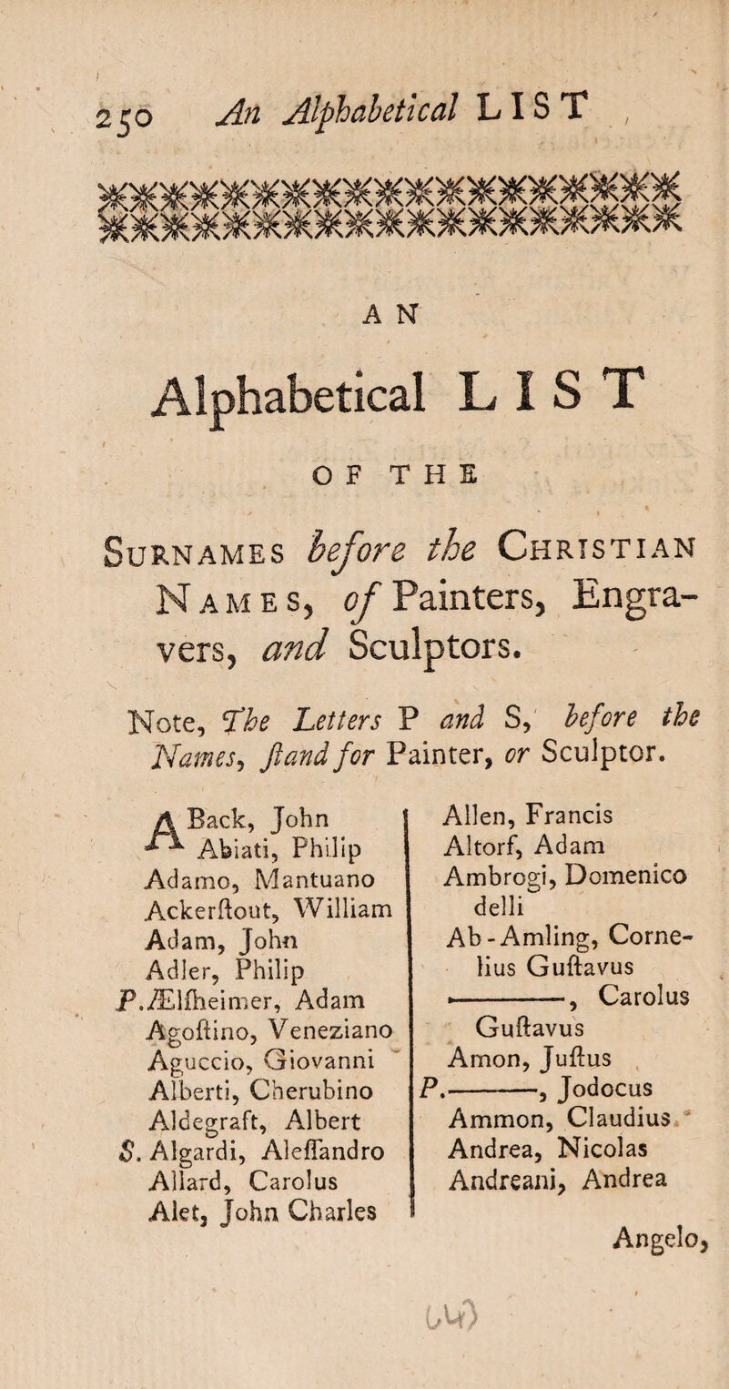 A N Alphabetical LIST OF THE Surnames before the Christian Names, of Painters, Engra¬ vers, and Sculptors. Note, 'The Letters P and S, before the Names, ftandfor Painter, or Sculptor. A Back, John Abiati, Philip Adamo, Mantuano Ackerftout, William Adam, John Adler, Philip P.AUlfheimer, Adam Agoftino, Veneziano Aguccio, Giovanni Alberti, Cherubino Aldegraft, Albert S. Algardi, AlefTandro Allard, Carolus Alet, John Charles Allen, Francis Altorf, Adam Ambrogi, Domenico delli Ab-Amling, Corne¬ lius Guftavus .-, Carolus Guftavus Amon, Juftus P.-Jodocus Ammon, Claudius Andrea, Nicolas Andreani, Andrea Angelo,