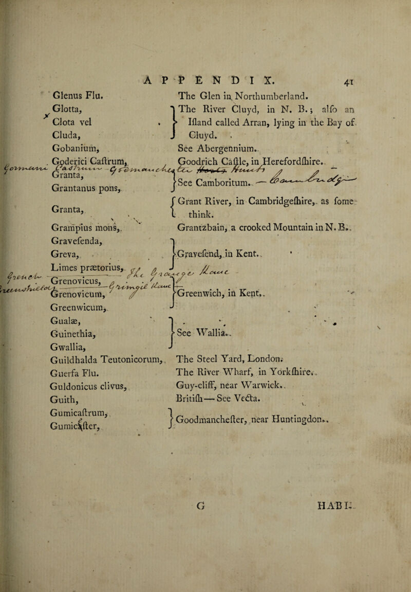 4i x ' Granta, Glenus Flu. Glotta, Cl ota vel Cluda, Gobanium, . Goderici Caftrum, Granta, Grantanus pons, Granta, APPENDIX. The Glen inv Northumberland. The River Cluyd, in N. B.; alfo an Bland called Arran, lying in the Bay of. Cluyd. See Abergennium. —Goodrich Caftle, in Herefordlhire. Cf ft?.-« t <■ c -hca ;^u ^ ir~) y * jSee Camboritum.,'— {’Grant River, in Cambridgeftiire,- as fome think. Grantzbain, a crooked Mountain in N. B*. nus mons, Gravefenda, Greva,. Limes praetorius,. a j-ivucsU- GrciK)vlcu5j . . * / * -v/^ u, i''(^rCn0ViCUm, n9 {-Greenwich, ia Kent, 'Gravefend,.in Kent., //,&<** c - Greenwicum,, Guake, Guinethia, Gwallia, Guildhalda Teutonicorum, Guerfa Flu. Guldonicus clivus, Guith, Gumicaftrum, Gumic^fter,, , ' • See Wallia.., The Steel Yard, London; The River Wharf, in York (hire. Guy-cliff, near Warwick.. Britifh—See Vedta. j Goodmanchefter, near Huntingdon y * G HABI.