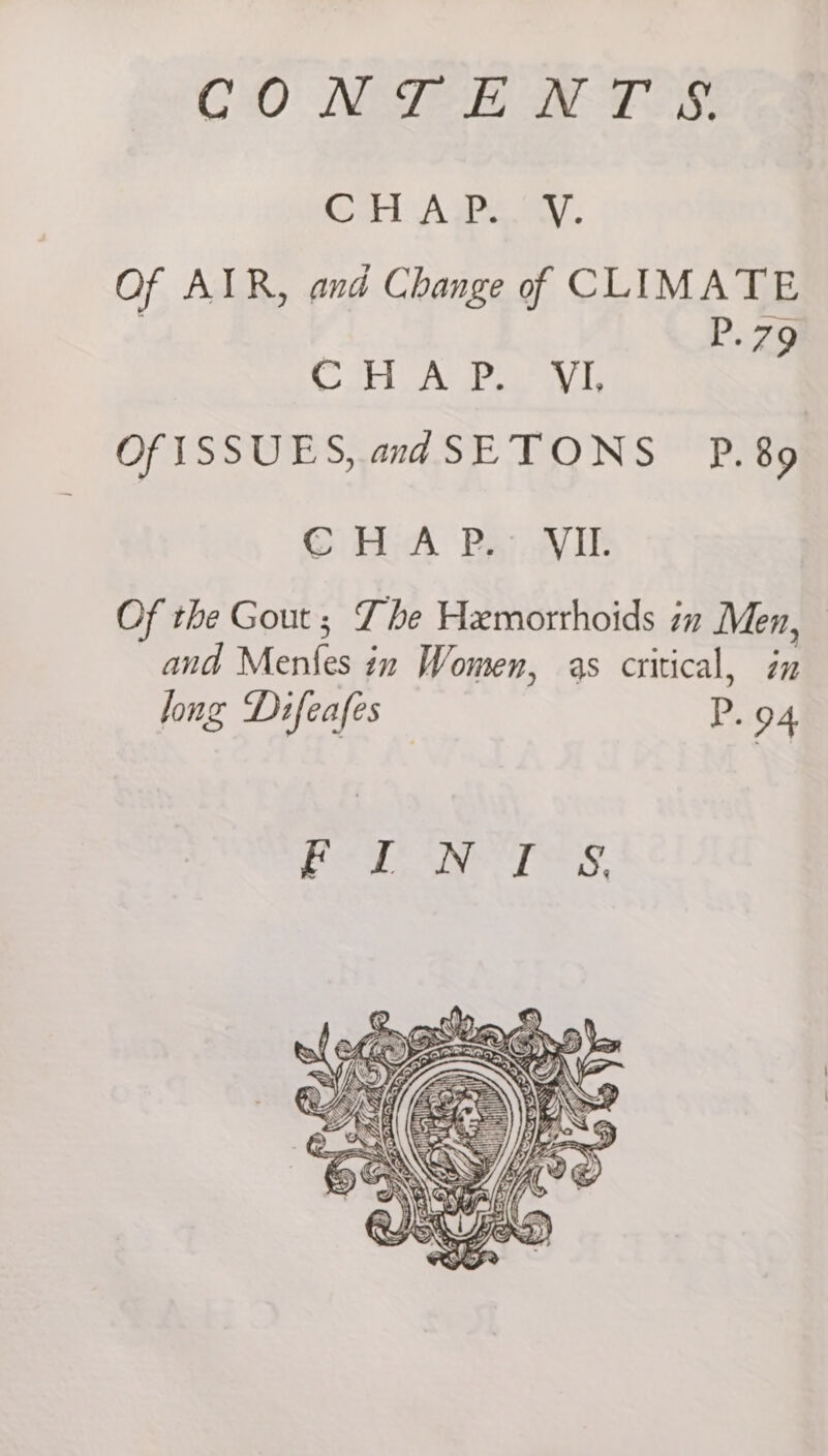 CO NIE WLS. oar. A apa. Of AIR, and Change of CLIMATE | P.79 A Aba ea le OfISSUES, and SETONS P.89 GoH:A Ba vik Of the Gout ; The Hemorrhoids in Men, and Menkes in Women, as critical, in long Difeafes P. 94