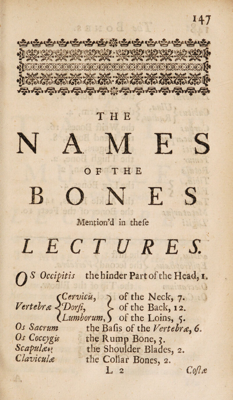 H7 THE NAMES OF THE E Mention’d in thefe LECTURE S. Q S Occipitis the hinder Part of the Head,i. Vertelra Os Sacrum Os Coccygis Scapula** Clavicula Cervick, ^ of the Neck, 7. TOorji, C of the Back, 12. LumborumS of the Loins, 5. the Bafis of the Vertelr6. the Rump Bone, j. , the Shoulder Blades, 2« the Collar Bones, 2. L 2 Cofla