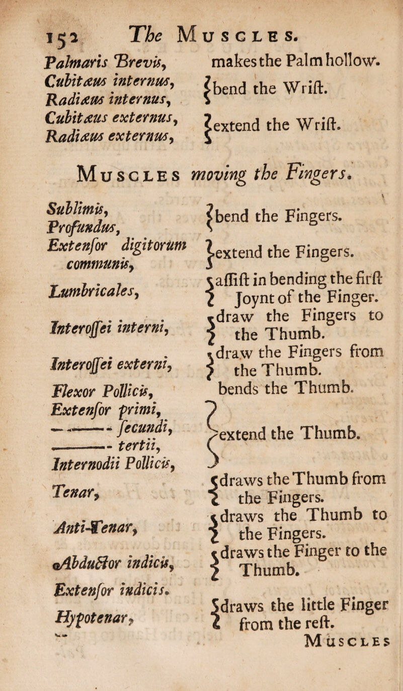 15 a The Muscles. Palmaris Brevis, makes the Palm hollow. Cubitaw interims, ?bend the Wrift. Radiaus interims, \ CubiUus externus, ?£Xtend the Wrift. Radueus externus, £ Muscles Sullimis, Profundus, Extenfor digitorum communis, Jjimbricales, Inter offei interni, Interojjei externi. Plexor Pollicis, Extenfor --— tertii, lnternodii Pollicis, Tenar, Anti-Penar, oAbduElor indicts, Extenfor indicis. Hyptenar, frimi, fecundi. moving the Fingers, ?bend the Fingers. ^extend the Fingers. * affift in bending the firft 2 Joynt of the Finger, rdraw the Fingers to 2 the Thumb. * draw the Fingers from 2 the Thumb. bends the Thumb. I extend the Thumb. <draws the Thumb from 1 the Fingers, t draws the Thumb to 1 the Fingers. t draws the Finger to the 2 Thumb. Sdraws the little Finger 4 from the reft. Muscles /w»