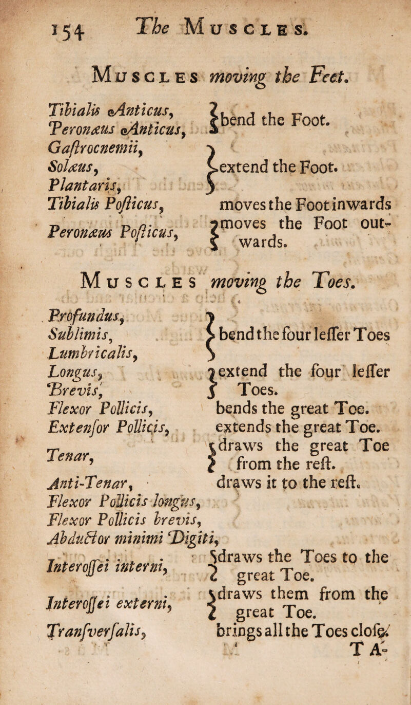 M u s c l e s moving the Feet. Tibialis oAnticus, Beron&us oAniicuSy Gaflrocnemii, Sol&ttsy Plantaris, Tibialis Pofticus, , \ * Peron&m Pofticus, bend the Foot. '• . f ' v \\\ > : a- \ .extend the Foot. moves the Foot inwards moves the Foot out¬ wards. Muscles moving the Toes. • ’ i- ~ z ■ V « Profundus, Sublimis, LumbvicaliSy LonguSy ‘Brevis, Flexor Pollicis, Extenfor Pollicjsy Tenar, bend the four leffer Toes ^extend the four leffer 5 Toes. bends the great Toe. extends the great Toe. draws the great Toe from the reft, draws it to the reft. Anti-Tenar, • Flexor Pollicis longus. Flexor Pollicis brevis, AbduHor minimi Digiti, j ' . . . : Sdraws the Toes to the Interojjei inter my 7-r 'f • ■ * > r • > • f, Interojjei externi, Tranfverfalis, e great Toe. draws them from the great Toe. brings all the Toes clofe-. T A' ✓ Q