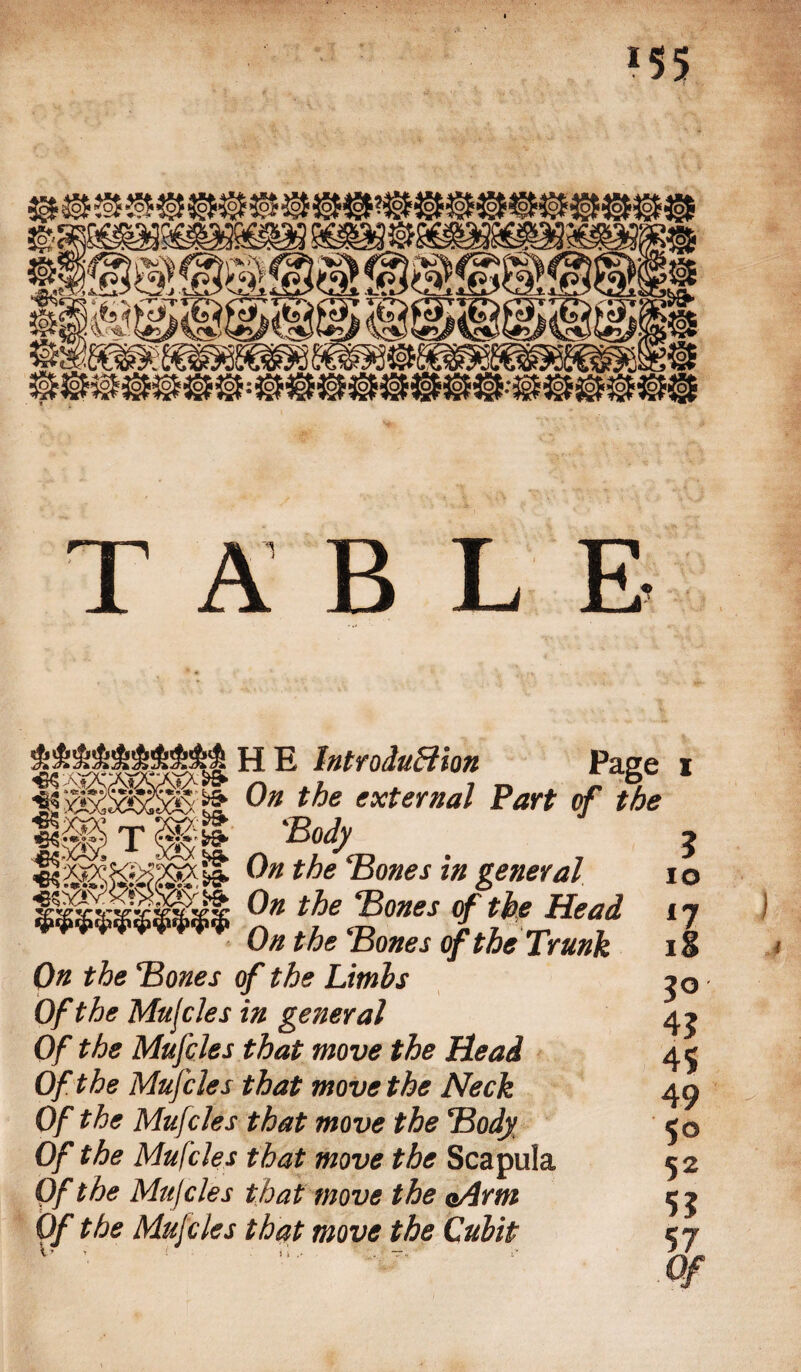 HE Introduction Page i On the external Part of the 'Body f On the Bones in general i o On the Bones of the Head 17 ) On the Bones of the Trunk 1 § Qn the Bones of the Limbs Of the Mufcles in general Of the Mufcles that move the Head Of the Mufcles that move the Neck Of the Mufcles that move the Body Of the Mufcles that move the Scapula Of the Mufcles that move the oArm Of the Muf cles that move the Cubit 3° 43 45 49 5° 52 5? 57 Of