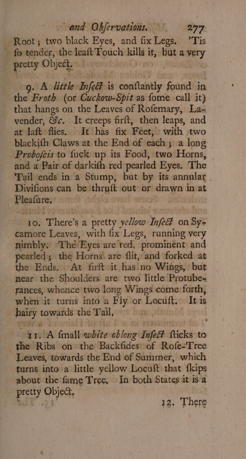 Root; two black Eyes, and fix Legs. ’Tis - fa tender, the leaft Touch asi it, but a very a Objeét.» g. A little Tif is sositiahy found in ~ the Froth (or Cuckow-Spit as fome call it) that hangs on the Leaves of Rofemary, La- vender, @&amp;c. It creeps firft, then leaps, and at Jaft flies. It has fix Feet, with two blackith Claws at the End of each 3 a long Probofeis to fuck up its Food, two Horns, and a Pair of darkith red pearled Eyes. The Tail ends in a Stump, but by its annular 3 Divifions can be. throft out br drawn in at —e . 10, There’ sa by weet Wile Infect on - camore Leaves, with fix Legs, running very nimbly: The “Eyes are red, prominent: and pearled the Horns) are flit, and forked at the Ends. At firft it has.no Wings, bute near the Shoulders are two little Protube- rances, whence two long Wings come: forth, when it turns into a Fly or Locuft, It is paiy towards the Tail, | Ir. A femal wbtte rie Tofeet fiicks to the Ribs on’ the Backfides of Rofe-Tree Leaves, towards the End of Summer, which turns into a little yellow Locuft that {kips about the fame Tree, In both States it is a pretty Object. | | er ae 12, There