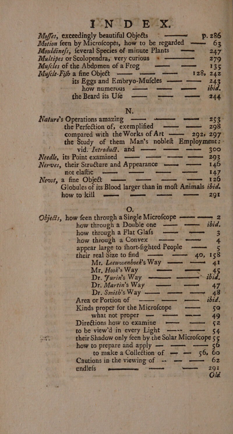 IN D ECX Motion feen by Microfcopés, how to be regarded ———_e 63 Mouldine/s, {everal Species of minute Plants =—= 247 Multipes or Scolopendray very curious * ——————= 279 Mujfcles of the Abdomen of aFrog = -——= ss ————>— 135 Mufcle-Fifh a fine Objet —— $-——- == _—_:128; 242 how numerous =—— ——— a= shid. the Beard its Ufe ——- -——— ——= 244 N. the Perfection of, exemplified —— ——— 298 vid. Introdu@. and Needle, its Point examined —— —— ——— —— 293 Nerves, their Stru€ture and Appearance ——- —— 146 not elaftic —— 147 Newt, a fine Objet —— —— —— —- 126 Globules of its Blood larger than in moft Animals 72d. how to kill meee eee —— —— 300 O. Objeés, how feen through a Single Microfcope ——— ———=._ 2 how through a Double one —— ——— ibid. {Qe a how through a Convex 4 appear large to fhort-fighted People ——= 5 their real Size to find 40, 158 Mr. Leeuwenhoek's Way ——— ——« 4t Mr, Hook's Way (Prcxeemecern, com 45 Dr. Furin's Way —— ————= > ibid. — — ibid. Area or Portion of Kinds proper for the Microfcope —— 50 what not proper — —— 49 Dire€tions how to examine =——~ -——— 62 to be view’d in every Light ——-- ——- 64 Pst their Shadow only feen by the Solar Microfcope 5 5 - how to prepare and apply — -——- —— 56 to make a Collection of — — 56, 60 Cautions in the viewing of -- -—~ —— 62 endlefs uae mee ew 29 t Old