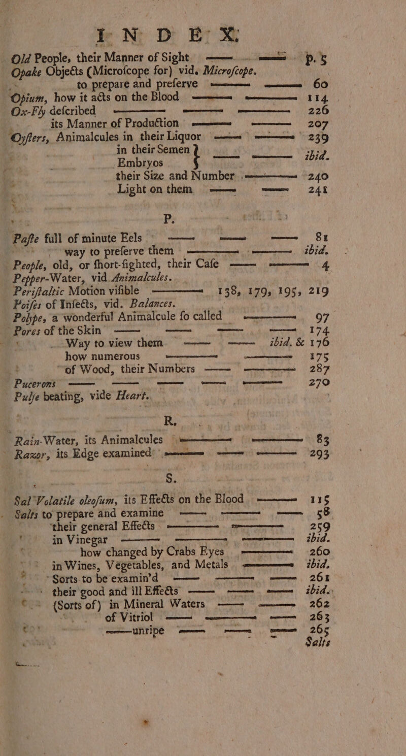 iN; D fr ® Old People, their Manner of Sight ——=... =m -p. 5 Opake Objects (Microfcope for) vid. Micro/cope. . sf to prepare and preferve ———_- .———= 60 Opium, how it atts on the Blood ——w—— ee Ox-Fly defcribed 226 4 its Manner of Production —— 207 ‘Oyfters, Animalcules in their Liquor —— | ———~ 239 | in their Semen wid Embryos ——— iid. their Size and Number . 240 Light on them = =— 9 - === —s 248 Soo ‘ ED P. iii Paffe full of minute Eels © —— —— —— 8 ~~» -<“way to preferve them - ibid. People, old, or fhort-fighted, their Cafe ——~ ~————= 4 Pepper-Water, vid Animalcules. : Periftaltic Motion vifible 138, 179, 195, 219 Poifes of Infects, vid. Balances. . Pohpe, a wonderful Animalcule fo called 97 Pores of the Skin ——— —- —= 174 a Way to view them —— —— ibid. &amp; 176 how numerous ——————— a a a4 “of Wood, their Numbers ——- -————— 287 _ Pucerons Pulje beating, vide Heart. R. Rain-Water, sts Animalcules: fyatetenateur iliimenreidewiomee 83 Razor, its Edge examined) ———— — —— Ss = 293 Sal Volatile oleofum, its Effetts on the Blood ———= 115 _ Salts to prepare and examine —— 58 ‘their general Effects - a 259 ; in Vinegar ibid. how changed by Crabs Eyes -——————= 260 in Wines, Végetables, and Metals —————= bid. Sorts to be examin’'d -———- -————- —— 261 - their good and ill Effe's ——- —— =——— ibid. © © {Sorts of) in Mineral Waters ——- -———~ 262 eo me UNTI DE eee een ee 265 fox Salts