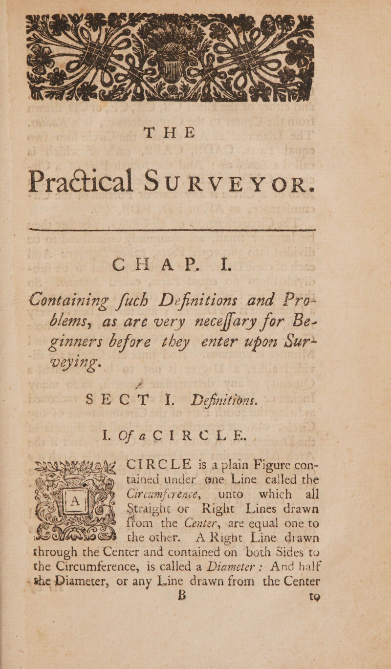 Ge Boo. Containing fuch Definitions and Pro- blems, as are very neceflary for Be- ginners before they enter upon Sur- weying. Ss By Gers i, Definitions. 1. OF 4. Col BC gb, CIRCLE is a plain Figure con- tained under ene. Line called the Circumference, unto which all Straight or Right Lines drawn tom the Center are equal one to the other. A Right Line drawn dicpuck the Center and ieee on both Sides to the Circumference, is called a Diameter : And half -the Diameter, or any Line drawn from the Center to