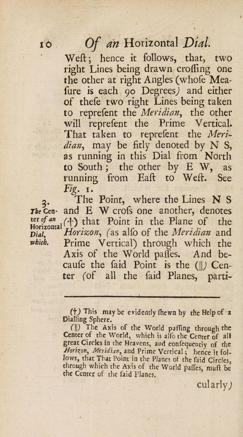 \ >° Of an Horizontal Dial. Weft; hence it follows, that, two right Lines being drawn crofting one the other at right Angles (whofe Mea- fure is each 90 Degrees) and either of thefe two right Lines being taken to reprefent the Meridian, the other will reprefent the Prime Vertical. That taken to reprefent the Meri¬ dian, may be fitly denoted by N S, as running in this Dial from North to South; the other by E W, as running from Eaft to Weft. See Fig. x. The Point, where the Lines N S the cen- and E W crofs one another, denotes ter of an that p0int in the Plane of the ^onzonta ^QY'mon^ /as a}f0 0f t|ie Meridian and which. Prime Vertical) through which the Axis of the World paffes. And be- caufe the faid Point is the ([|) Cen¬ ter (of all the faid Planes, parti- (D This may be evidently fhewn by the Help of a Dialling Sphere. f||) T^e °f Hie World pafTing through the Center of the World, which is alfo the Center of all great Circles in the Heavens, aud confequentiy of the /forison. Meridian, and Prime Vertical; hence it fol¬ lows, that That Point in the Planes of the faid Circles, through which the Axis of the World paffes, muff be the Center of the faid Planes. cularlyj