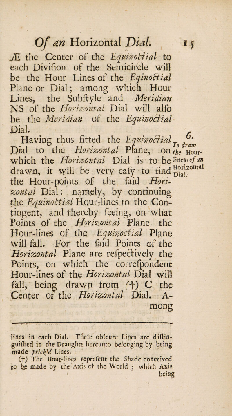 jE the Center of the EquinoCtial to each Divifion of the Semicircle will be the Hoar Lines of the Eqinottial Plane or Dial; among which Hour Lines, the Subftyle and Meridian NS of the Horizontal Dial will alfo be the Meridian of the Equinoctial Dial. Having thus fitted the Equinoctial T ^ Dial to the Horizontal Plane, on the Hour- which the Horizontal Dial is to beIine?f0/dn drawn, it will be very eafy to find^jlzonta the Hour-points of the faid Horu zontal Dial: namely, by continuing the EquinoCtial Hour-lines to the Con¬ tingent, and thereby feeing, on what Points of the Horizontal Plane the Hour-lines of the Equinoctial Plane will fall. For the faid Points of the Horizontal Plane are refpeftively the Points, on which the correfpondent Hour-lines of the Horizontal Dial will fall, being drawn from (\) C the Center of the Hori%o?ital Dial. A- mong lines in each Dial. Tliefe obfcure Lines are diflin- guifiied in the Draughts hereunto belonging by being made priced Lines. (f) The Hour-lines reprefent the Shade conceived to be made by the Axis of the World 3 which Axis * being