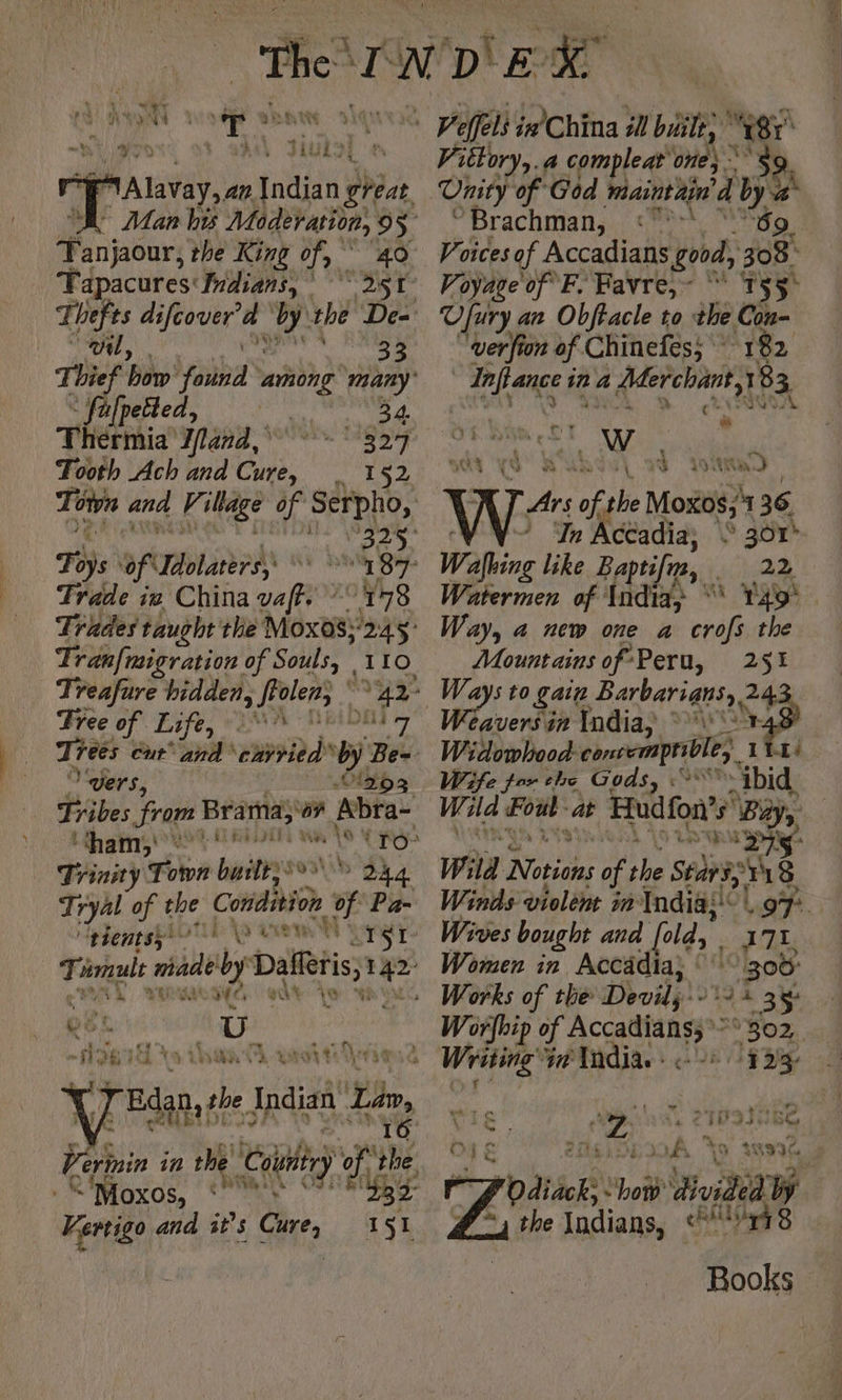 3 f° ~ ti ne … : : ~~ bu à “HL woo a, ESE Br L Tanjaour, the King of, : Tapacures Indians, : Hs PUR 33 Thief how found among many’ fafpetled, PEN 34 Thérmia Tfland, dt Tooth Ach and una, KM à pe Town and Village of Serpho, ary Tis Pont ge à dr Trade iw China ae? °r78 Tranfmigration of Souls, | I Io Treafure hidden, frolen, * Tree of Life, PAN PR ALE ei Trees cur and cavried De Vers, 1293 Tribes Sree Brama; ar Abra- ‘ham; yh ACTE pee aa Trinity Toton bith): Baa Tryal of the Candin op Pa- EERO NE RAW SY YT T: rule made ‘by Dali dé GAO Le ak’ 1 Se “9634 ta naa T-wei tae J Edan, ¢ the Indian Dn, tf 3; - Ok Oy Vernin in the Count: ry 2 Re Oxds, NS 7 Vertigo and it’s Geir I ‘3 I e Vittory,.a compleat' one; Oniey of ‘God Pme 2 5 ~ Brachman, Drwiets | Voices of Accadians good, 508 Voyage of F. Favre,~ “* T55° Ufury an Obftacle to the “4 verfion of Chinefes; REA ina ag agit 1 183 3. NA VOA YS RUBIN], We 10 tad Ars of the Moxos, 4 36 4 Th \cCadia; $ 361° Walking like Baptifim, 22 Watermen of India, pti Way, a new one a crofs the Mountains of Peru, 25% Ways to gain Barbarians, 24 Wéaversin India, °°)‘ 48 Widowhood: comempribles 1 Ee Wife for che Gods, haa “ibid Wild Fou ‘ab FR $ ‘Bay, Un US es Py. Wild Notions of be Sein 8 Winds violent in Indias’. 97. Wives bought and folds 171. Women in, Accädia, ‘306° Works of the Peoidp: Stele 1p Worfhip of AC AE 502 Writing he India. 123 : j : 12 aS baile va? Bo OF &amp; A % $8996 7 die es ‘haw the Indians, Mag 8 Books